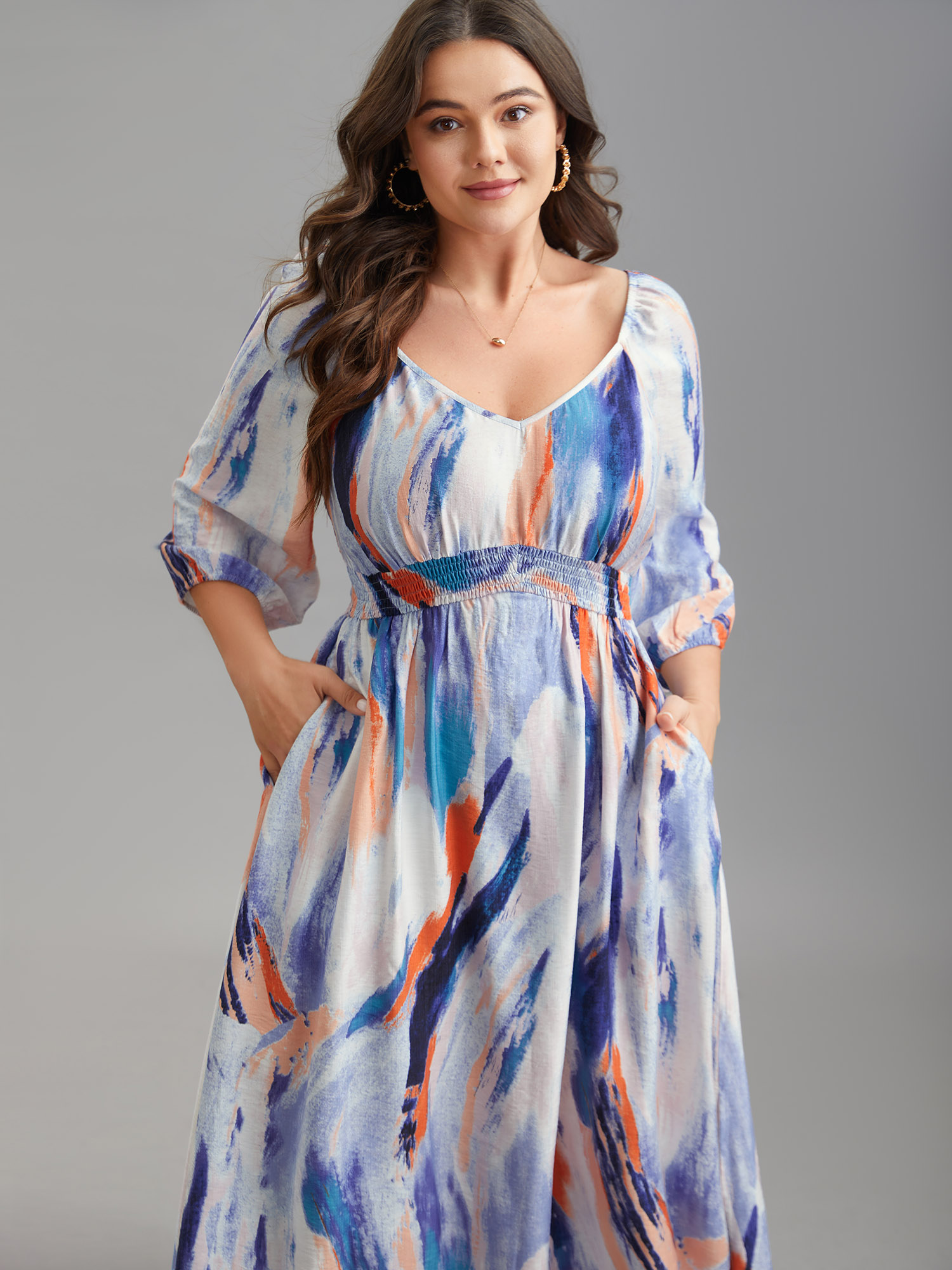 

Plus Size Abstract Print Waist-Cinched Split Hem Maxi Dress Multicolor Women Elegant Gathered Heart neckline Elbow-length sleeve Curvy BloomChic