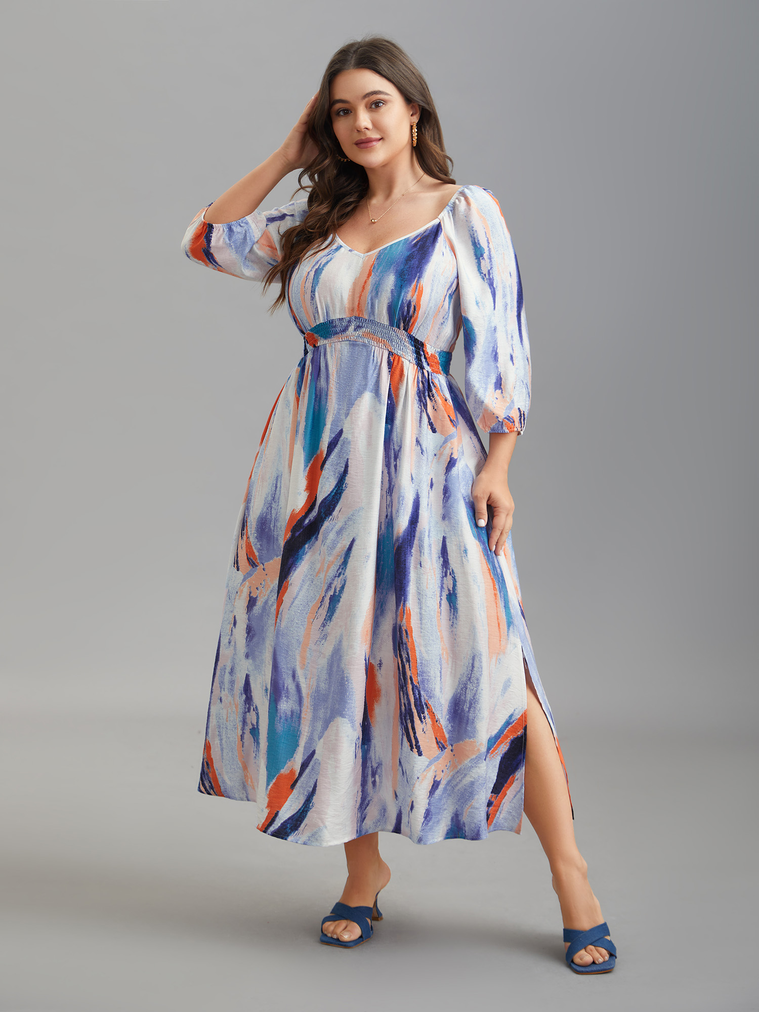 

Plus Size Abstract Print Waist-Cinched Split Hem Maxi Dress Multicolor Women Elegant Gathered Heart neckline Elbow-length sleeve Curvy BloomChic