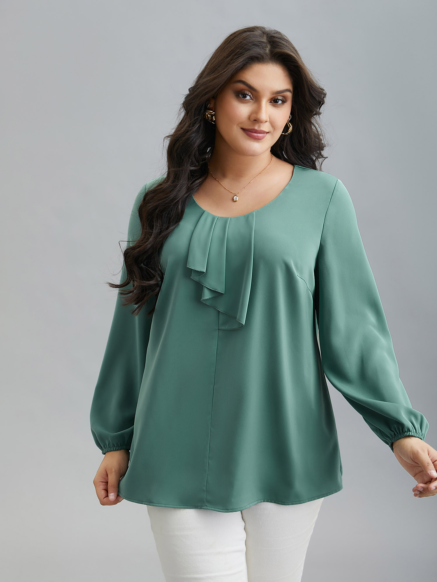 

Plus Size Greenbean Ruffle Frill Trim Plain Lantern Sleeve Blouse Women Elegant Extra Long Sleeve Asymmetrical Neck Everyday Blouses BloomChic