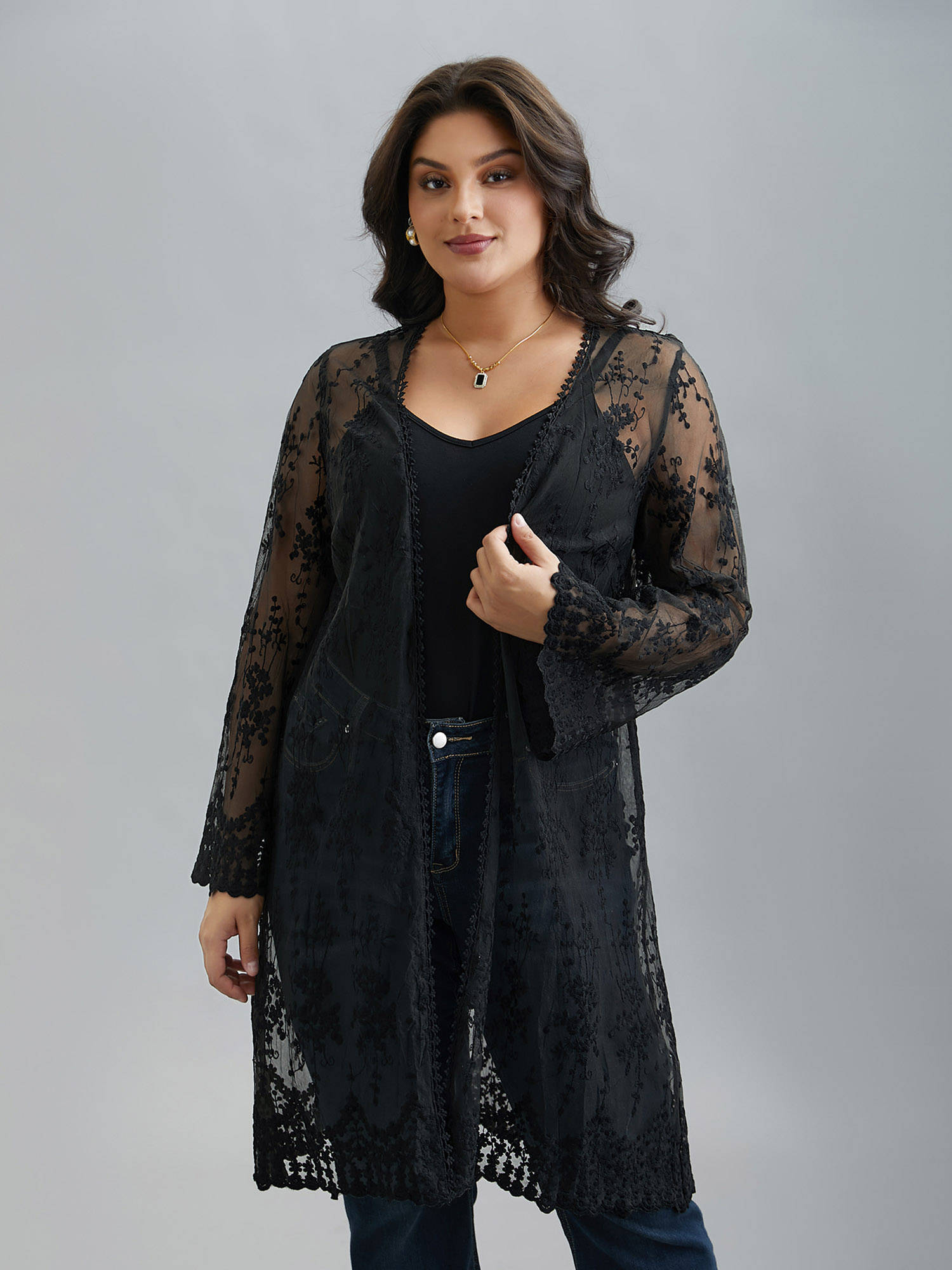 

Plus Size Lace Embroidered Sheer Open-Front Kimono Women Black Elegant Woven ribbon&lace trim Loose Everyday Kimonos BloomChic