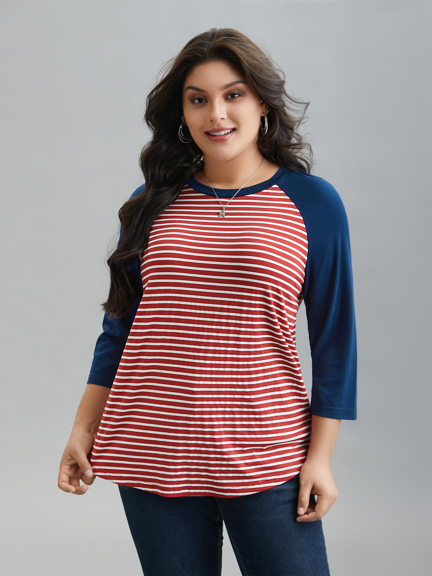 

Plus Size Color-Block Striped Raglan Sleeve T-Shirt Multicolor Women Casual Contrast Round Neck Everyday T-shirts BloomChic