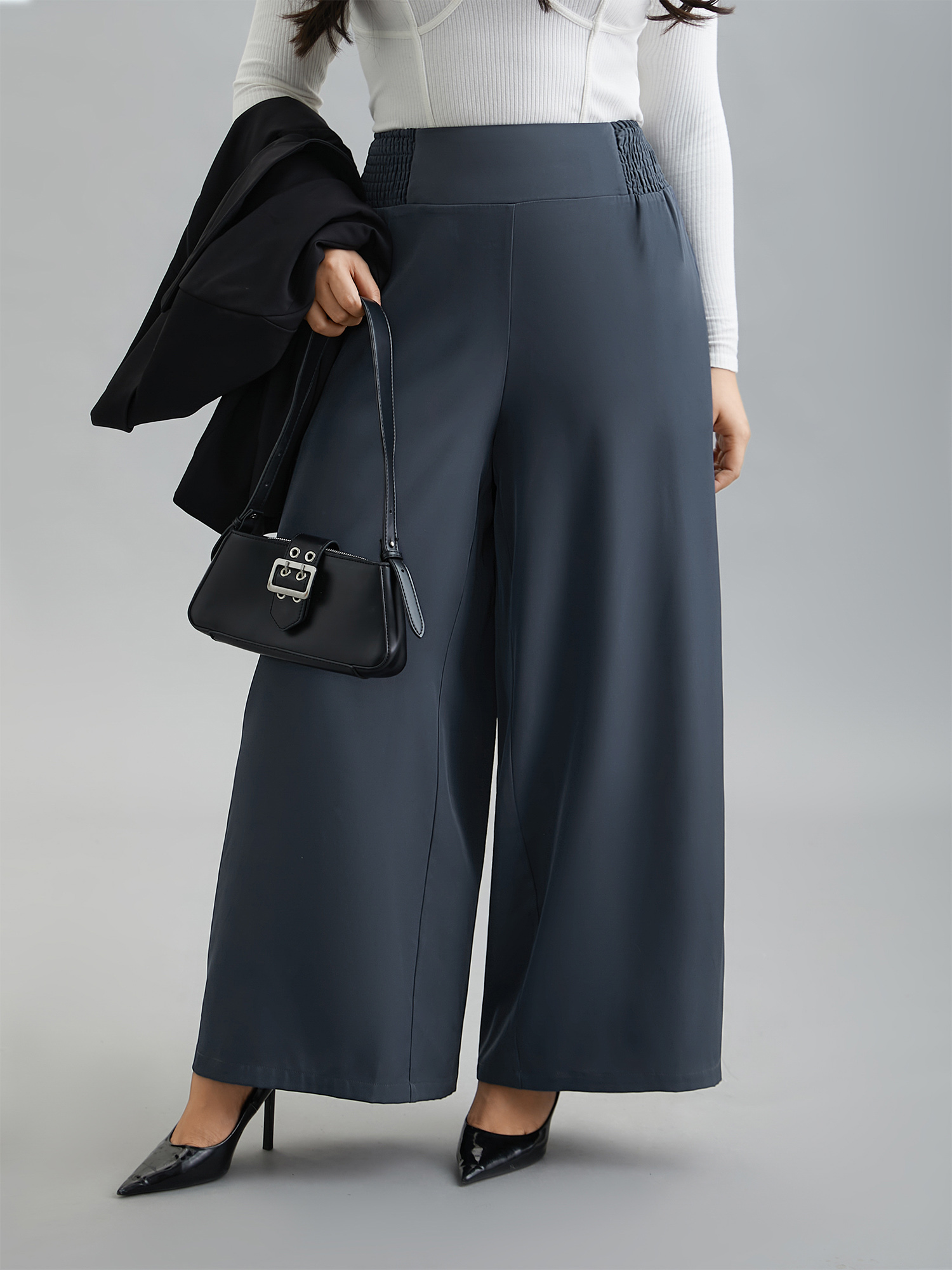 

Plus Size Shirred Waist Stretchy Wide-Leg Pants Women Stone At the Office Wide Leg Mid Rise Work Pants BloomChic