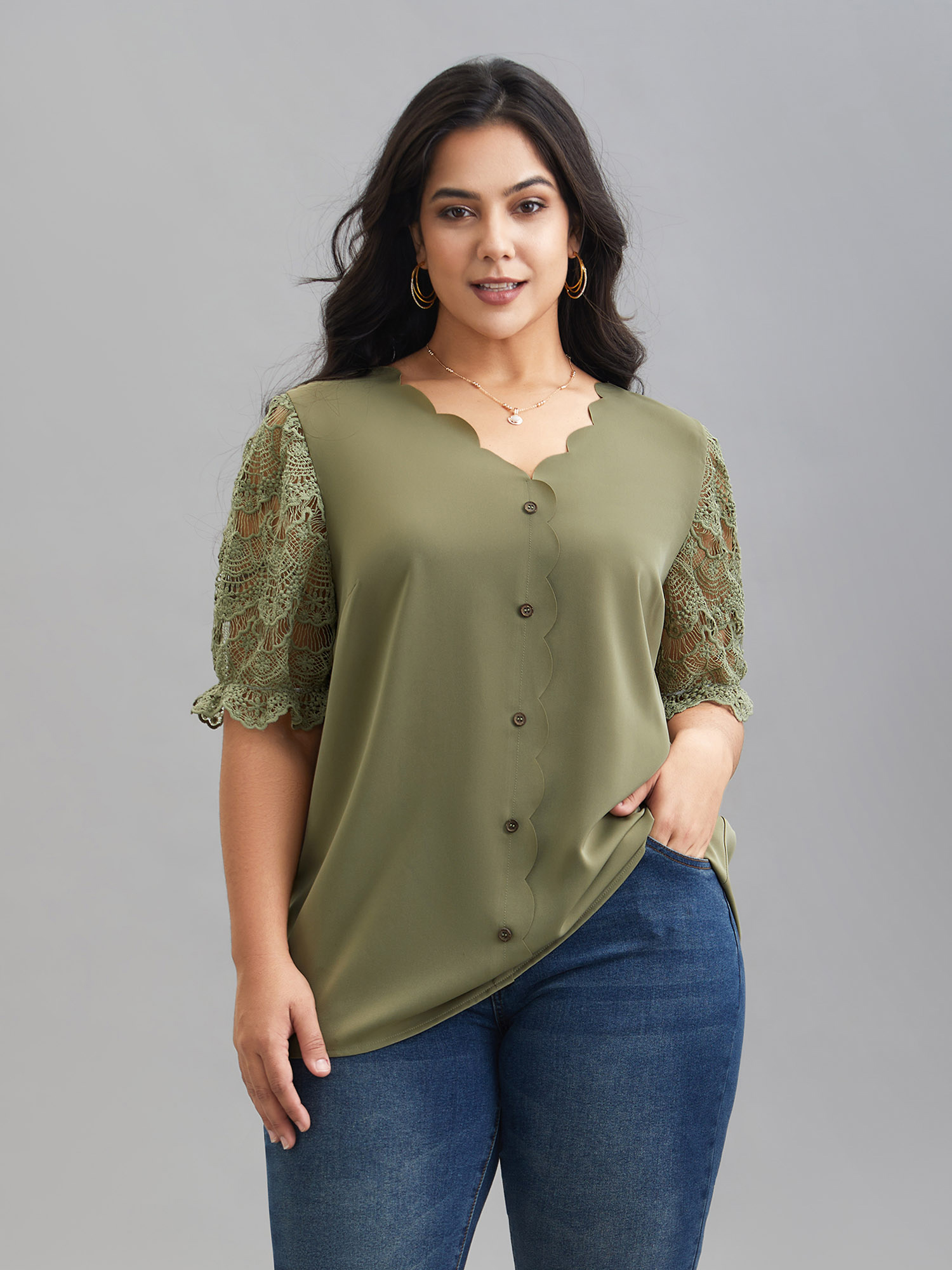 

Plus Size Sage Lace Patchwork Scalloped Neck Front-Placket Blouse Women Elegant Half Sleeve V-neck Everyday Blouses BloomChic