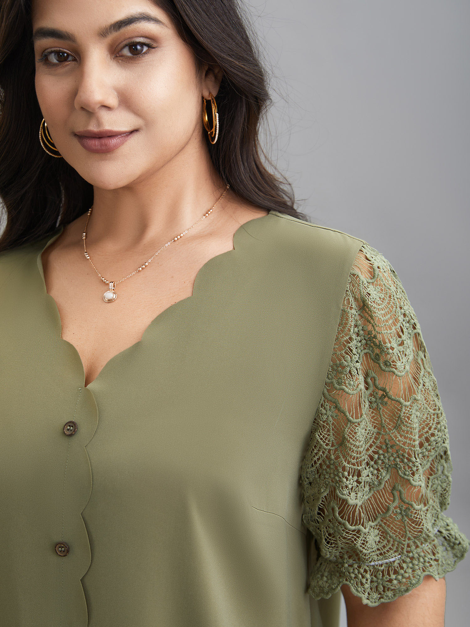 Plus Size Sage Lace Patchwork Scalloped Neck Front-Placket Blouse Women Elegant Half Sleeve V-neck Everyday Blouses BloomChic 12/L 