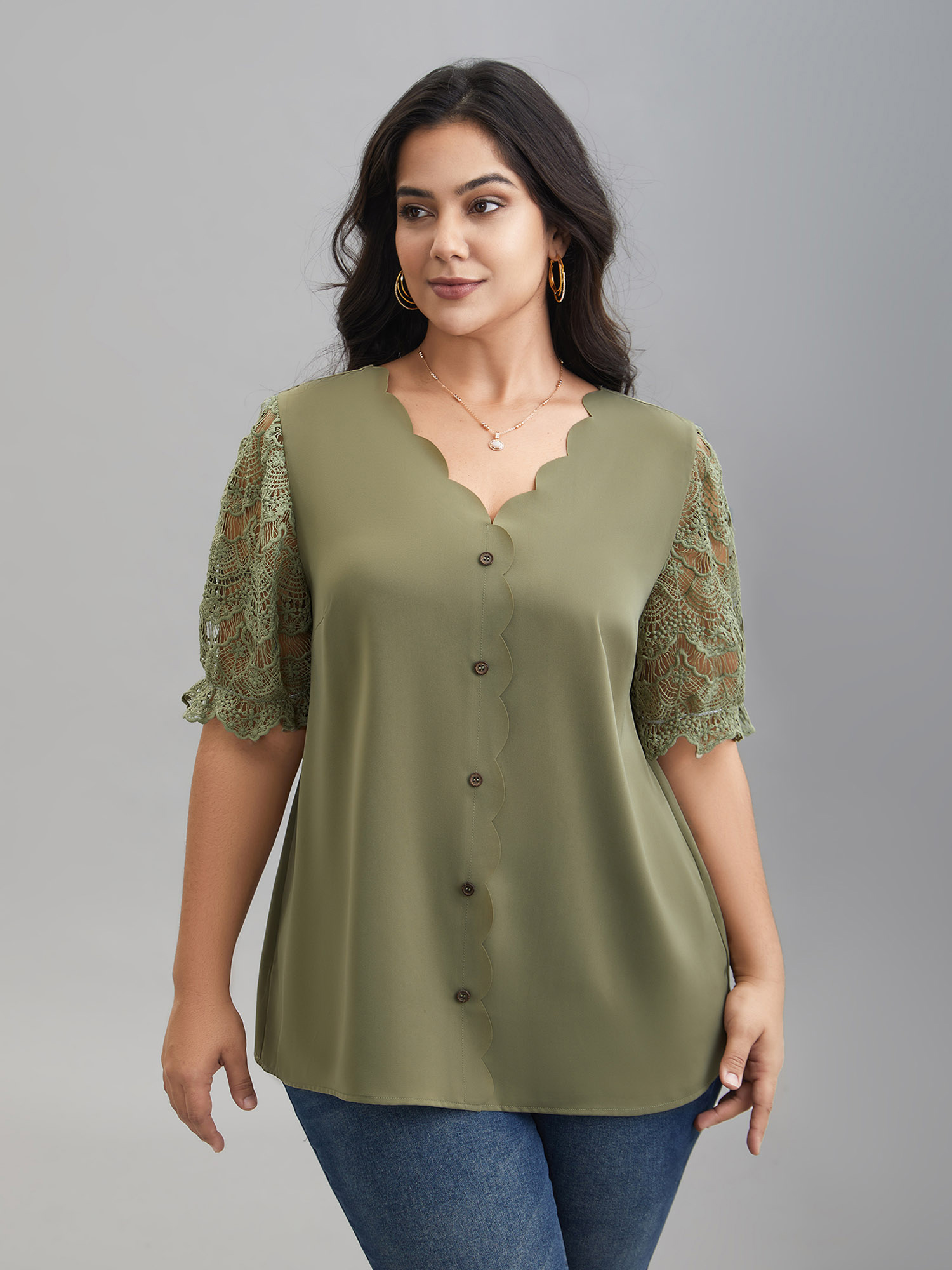 Plus Size Sage Lace Patchwork Scalloped Neck Front-Placket Blouse Women Elegant Half Sleeve V-neck Everyday Blouses BloomChic 12/L 