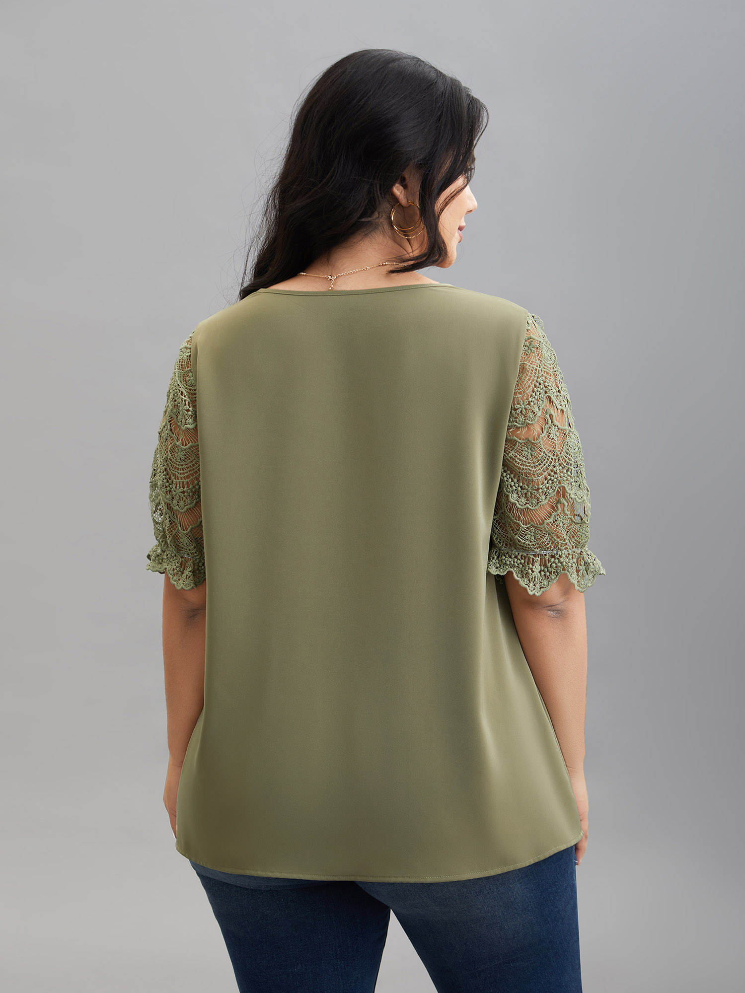 Plus Size Sage Lace Patchwork Scalloped Neck Front-Placket Blouse Women Elegant Half Sleeve V-neck Everyday Blouses BloomChic 12/L 