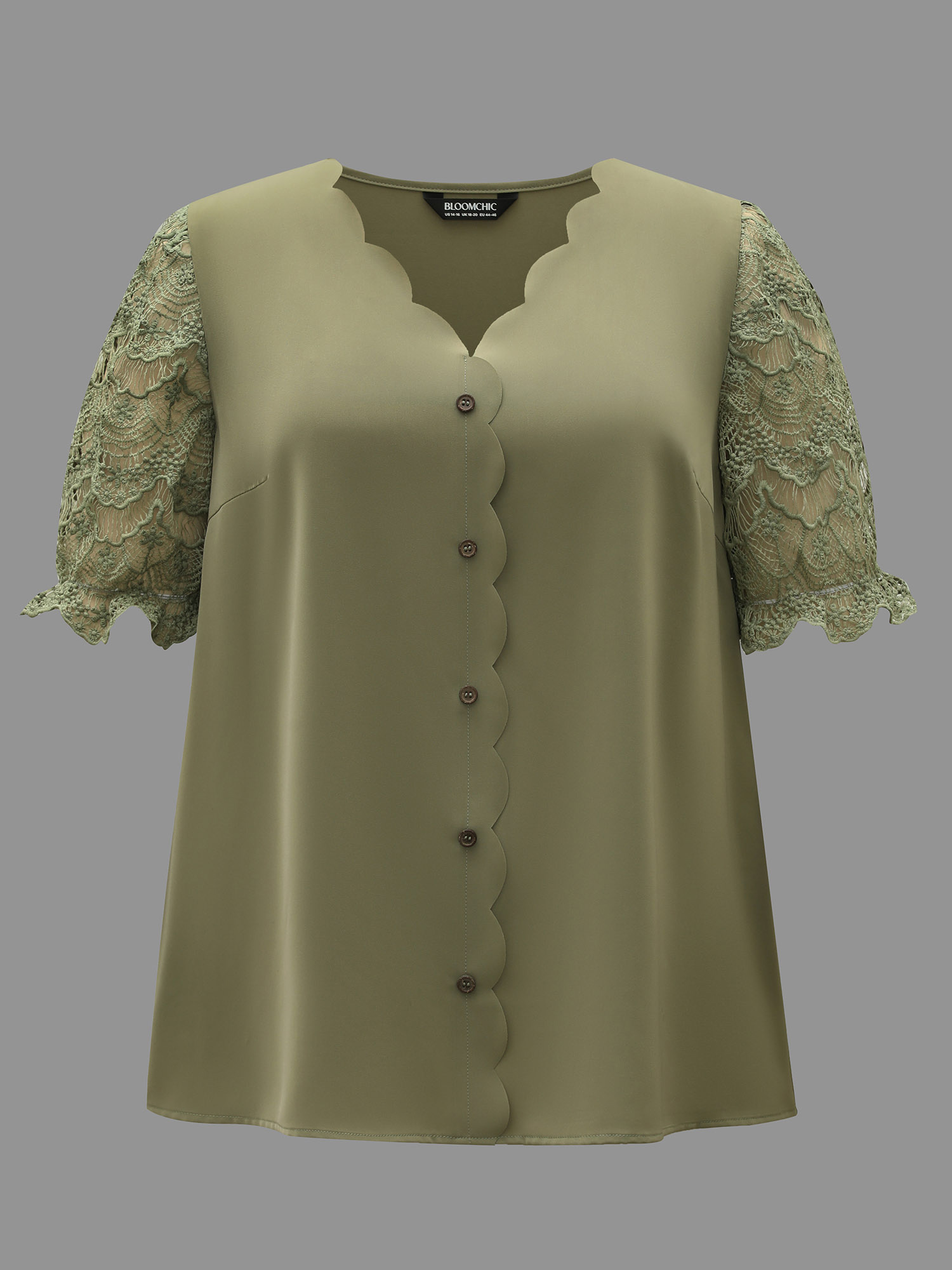 Plus Size Sage Lace Patchwork Scalloped Neck Front-Placket Blouse Women Elegant Half Sleeve V-neck Everyday Blouses BloomChic 12/L 
