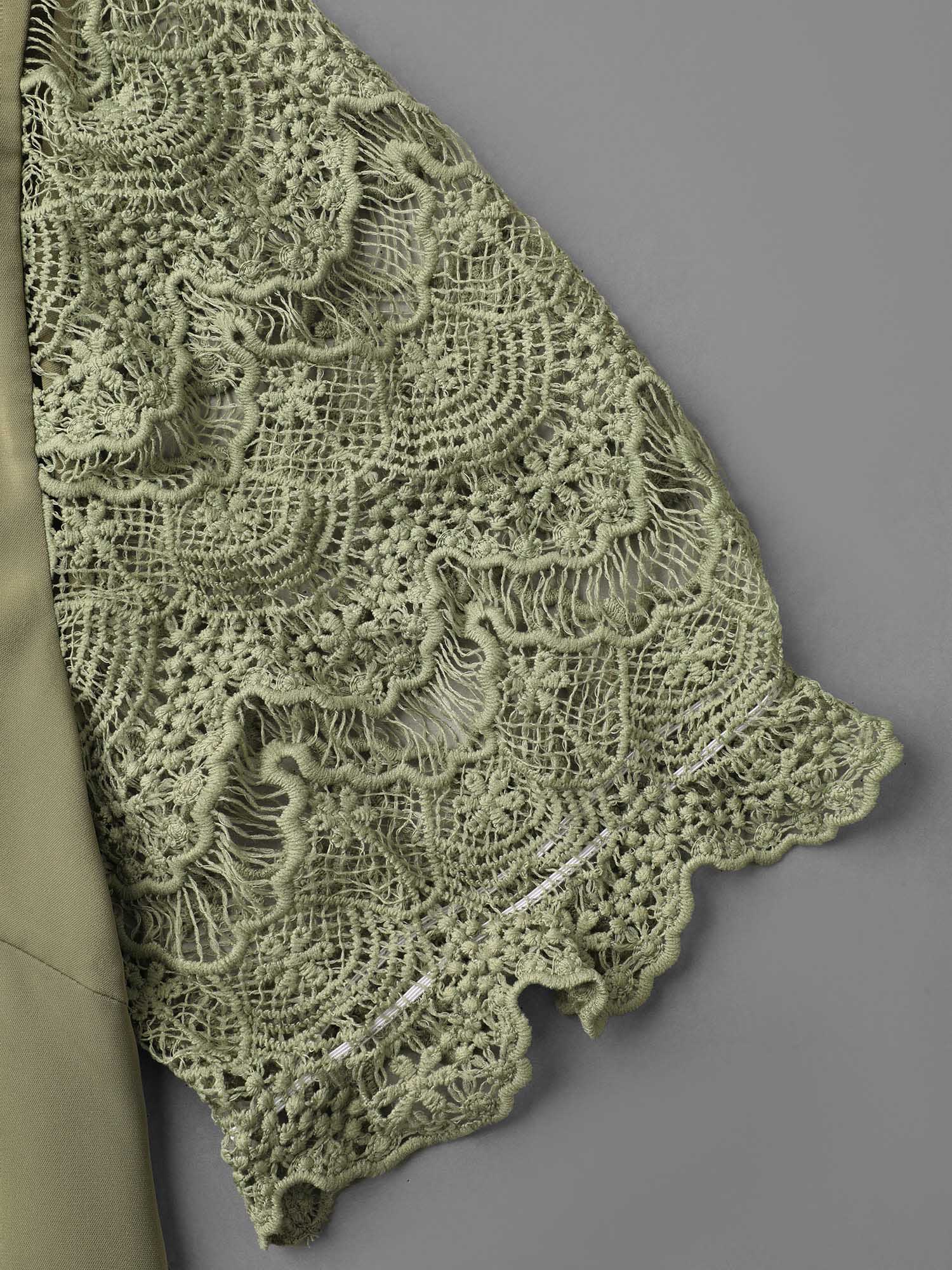 Plus Size Sage Lace Patchwork Scalloped Neck Front-Placket Blouse Women Elegant Half Sleeve V-neck Everyday Blouses BloomChic 12/L 
