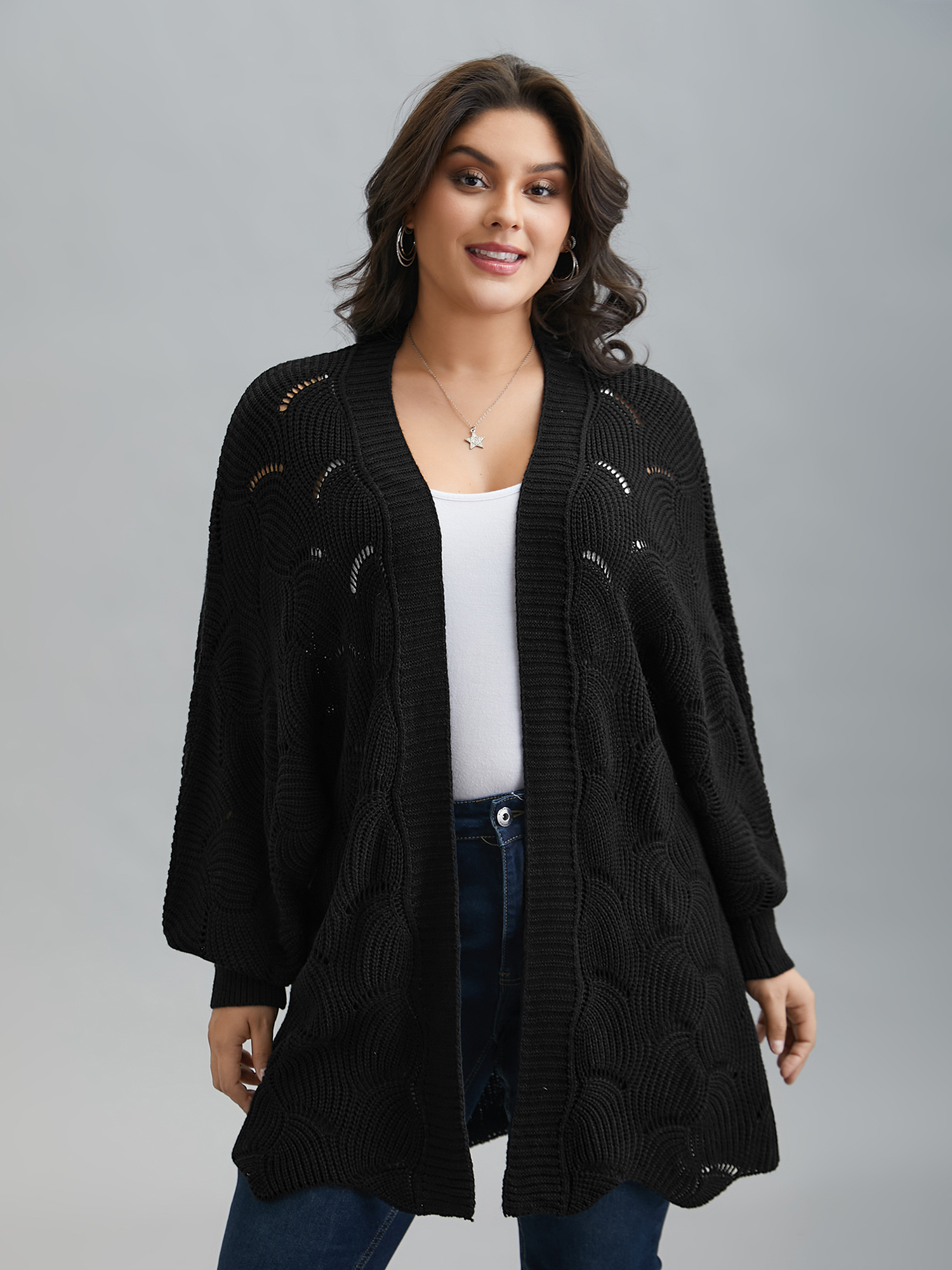 

Plus Size Textured Cut-Out Open-Front Cardigan Black Women Casual Loose Long Sleeve Everyday Cardigans BloomChic