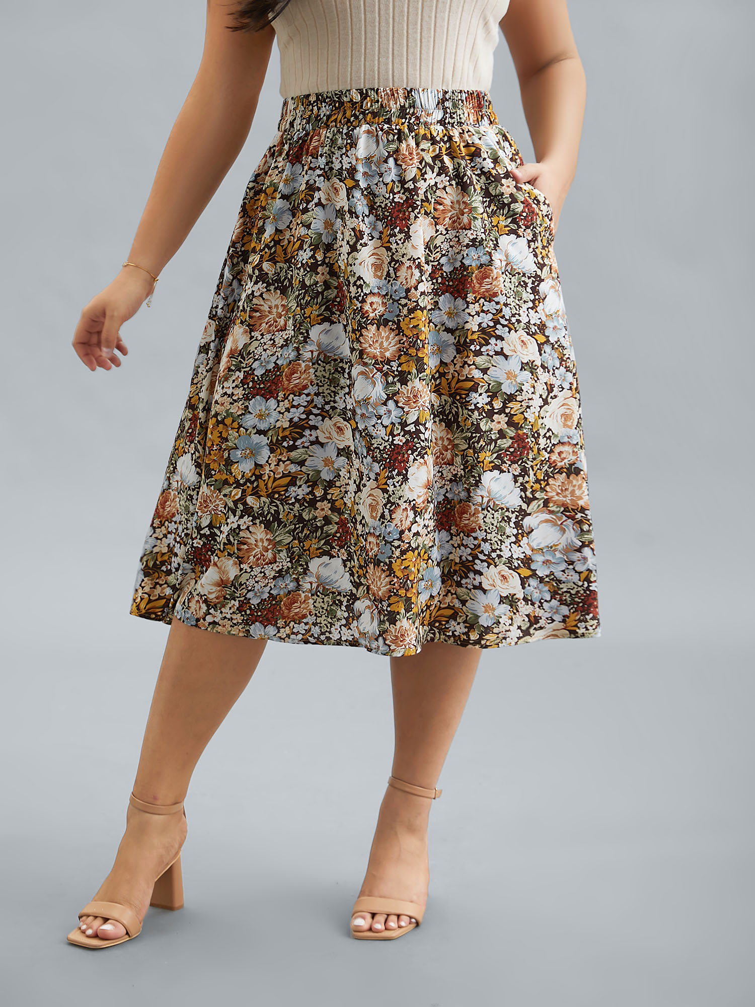 

Plus Size Floral Print Stretchy-Waist Midi Skirt Women Multicolor Elegant Contrast No stretch Side seam pocket Everyday Skirts BloomChic