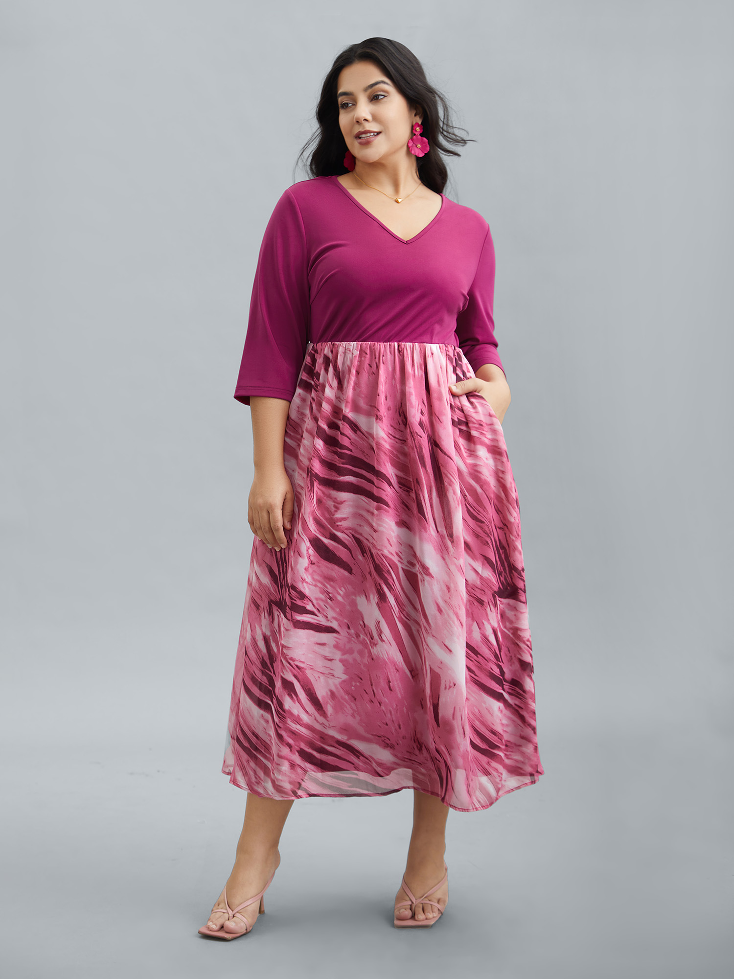 

Plus Size Abstract Print Spliced V-Neck Midi Dress Rosered Women Elegant Patchwork V-neck Elbow-length sleeve Curvy BloomChic