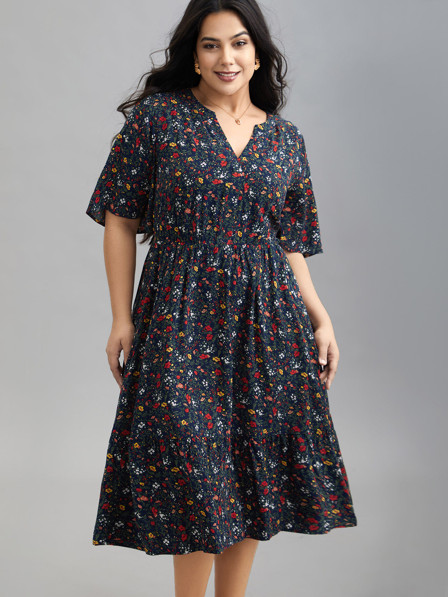 

Plus Size Floral Print Notched Collar Gathered Sleeve Dress Navy Women Elegant Non Flat collar with V-notch Half Sleeve Curvy BloomChic