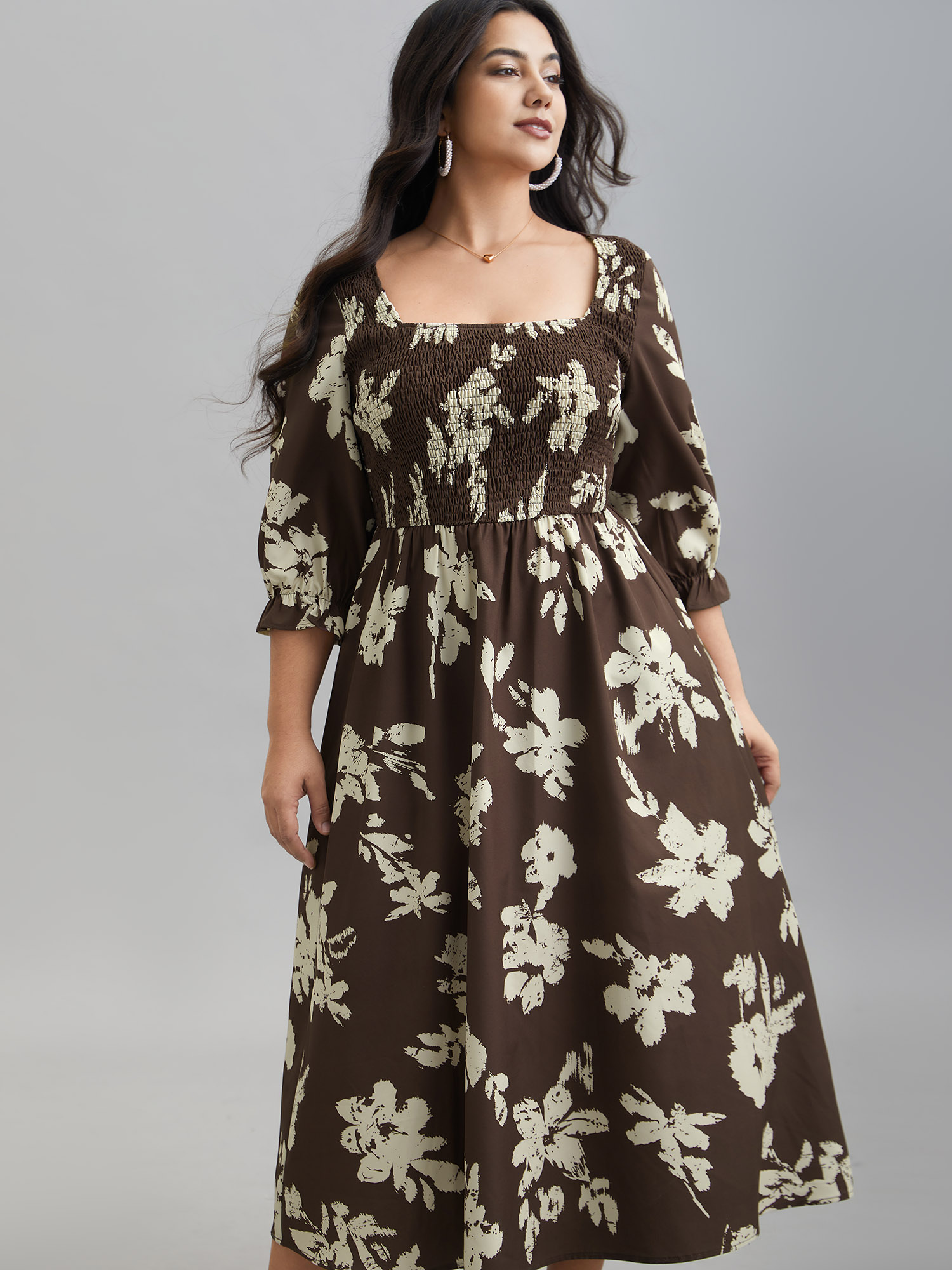 

Plus Size Leaf Print Square Neck Ruffled Shirred Midi Dress Browncoffeecolor Women Elegant Shirred Square Neck Elbow-length sleeve Curvy BloomChic