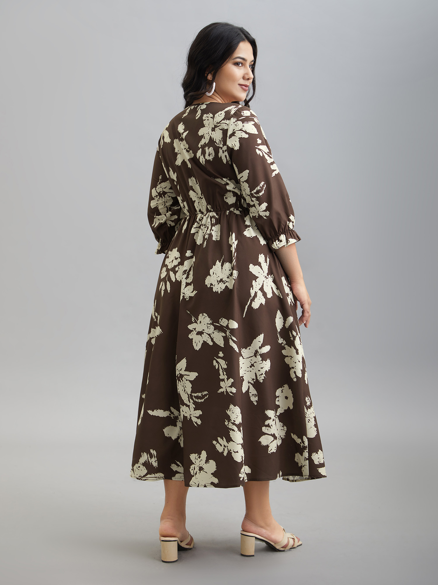 

Plus Size Leaf Print Square Neck Ruffled Shirred Midi Dress Browncoffeecolor Women Elegant Shirred Square Neck Elbow-length sleeve Curvy BloomChic