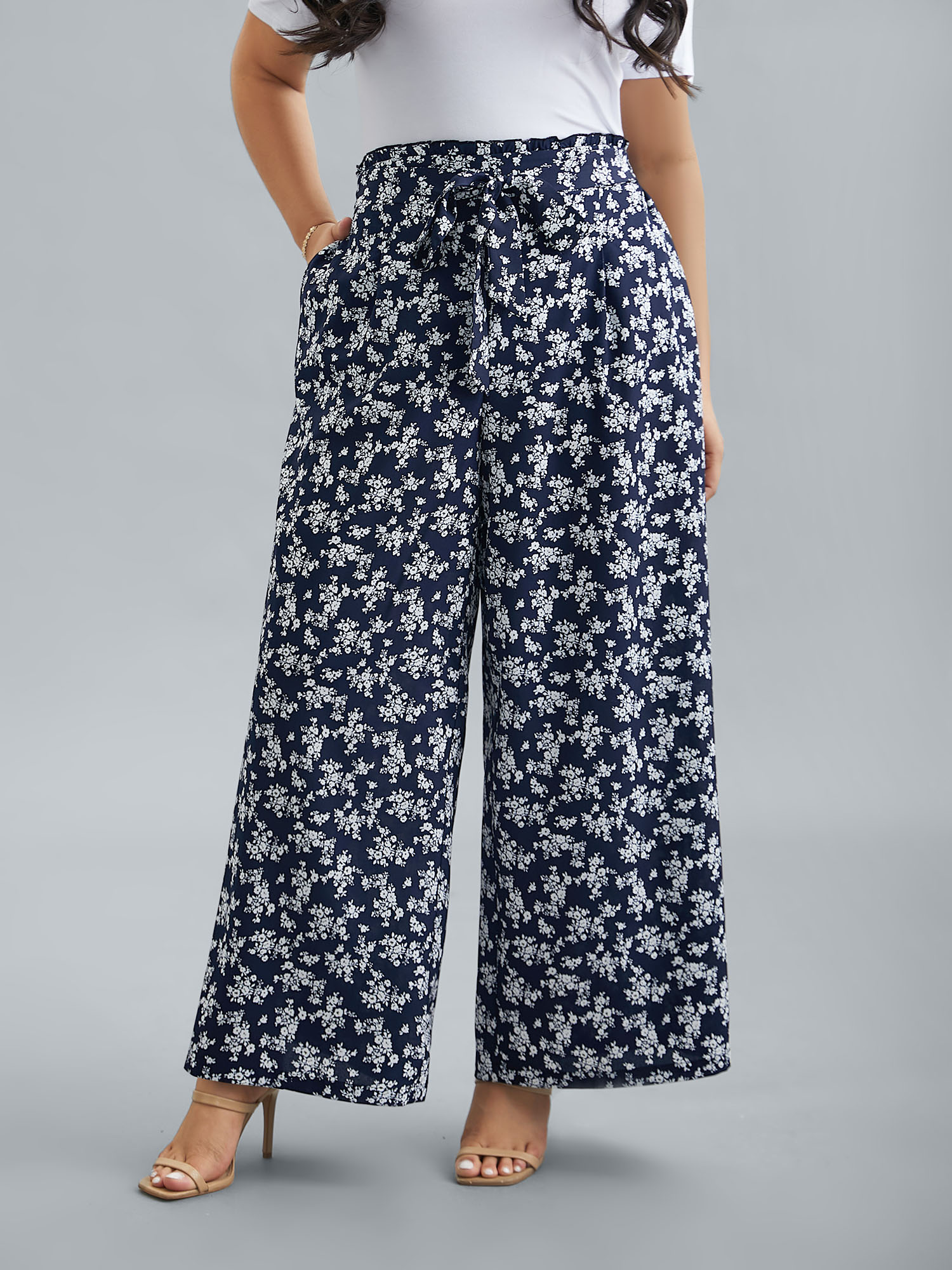 

Plus Size Floral Print Waist Stretchy Wide Leg Pants Women Indigo Casual Wide Leg Mid Rise Everyday Pants BloomChic