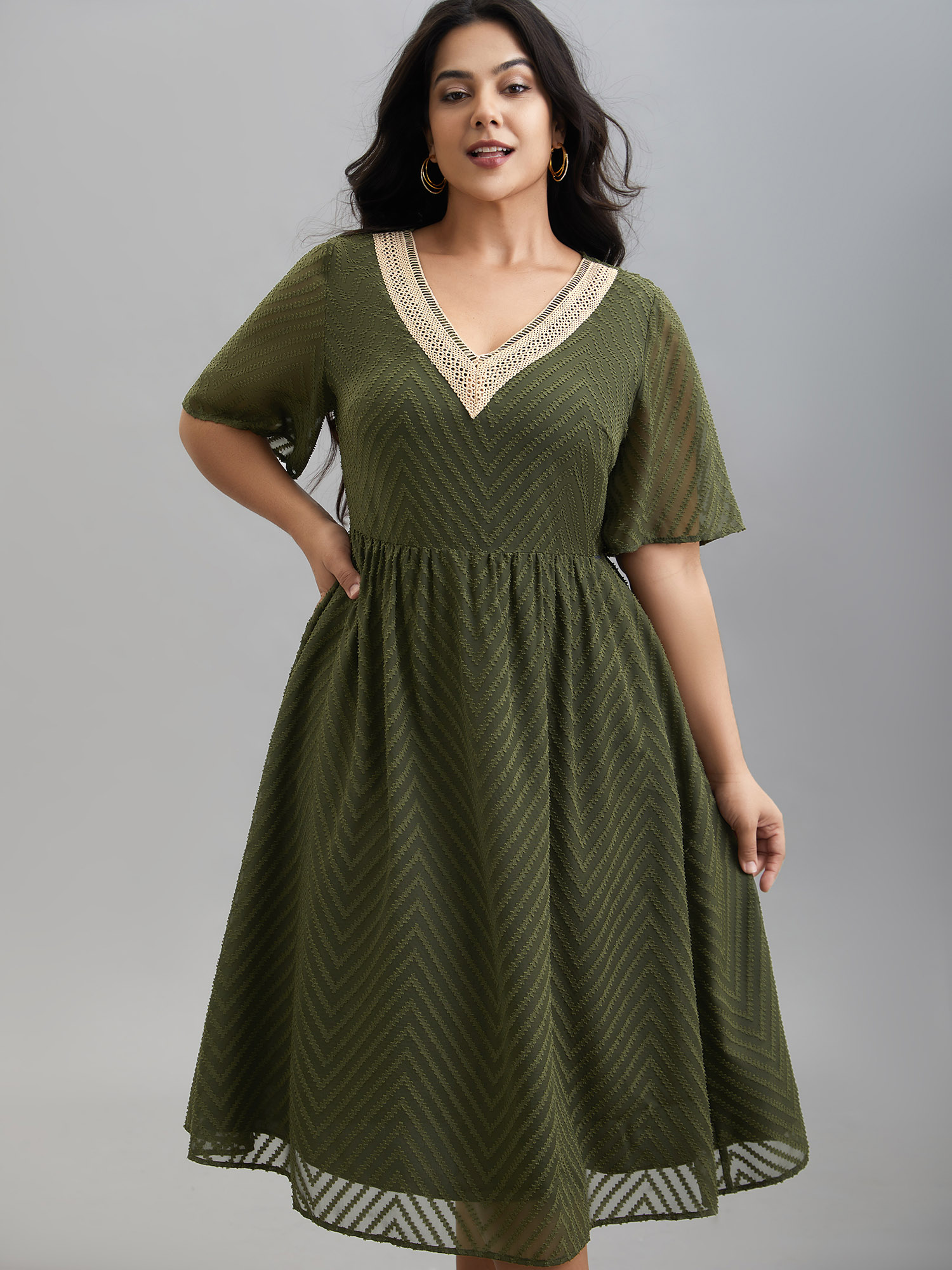 

Plus Size Lace V-Neck Chiffon Waist-Cinched Midi Dress ArmyGreen Women Resort Woven ribbon&lace trim V-neck Half Sleeve Curvy BloomChic