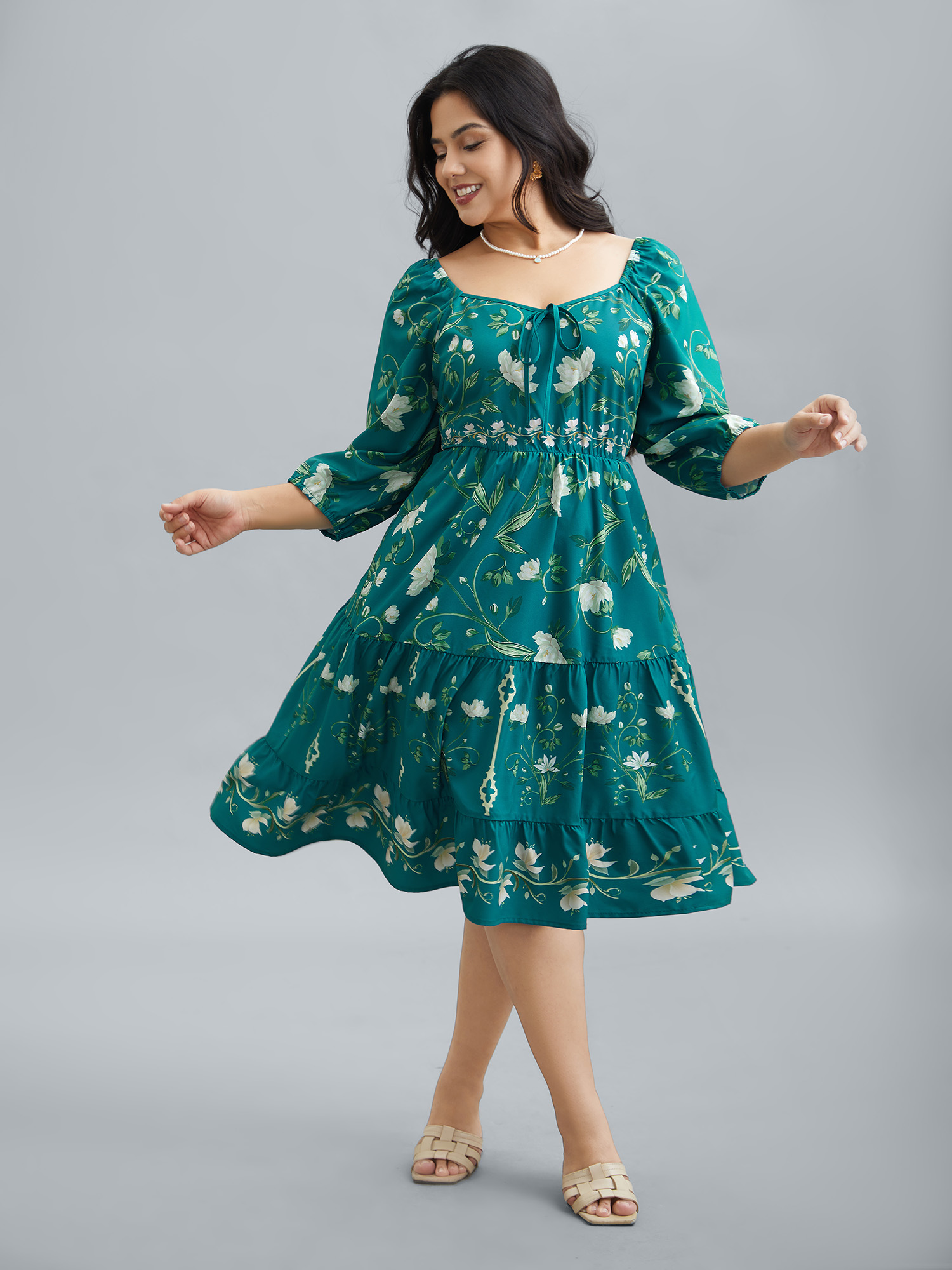 

Plus Size Floral Print Lantern Sleeve Tiered Midi Dress Emerald Women Elegant Tie knot Heart neckline Elbow-length sleeve Curvy BloomChic