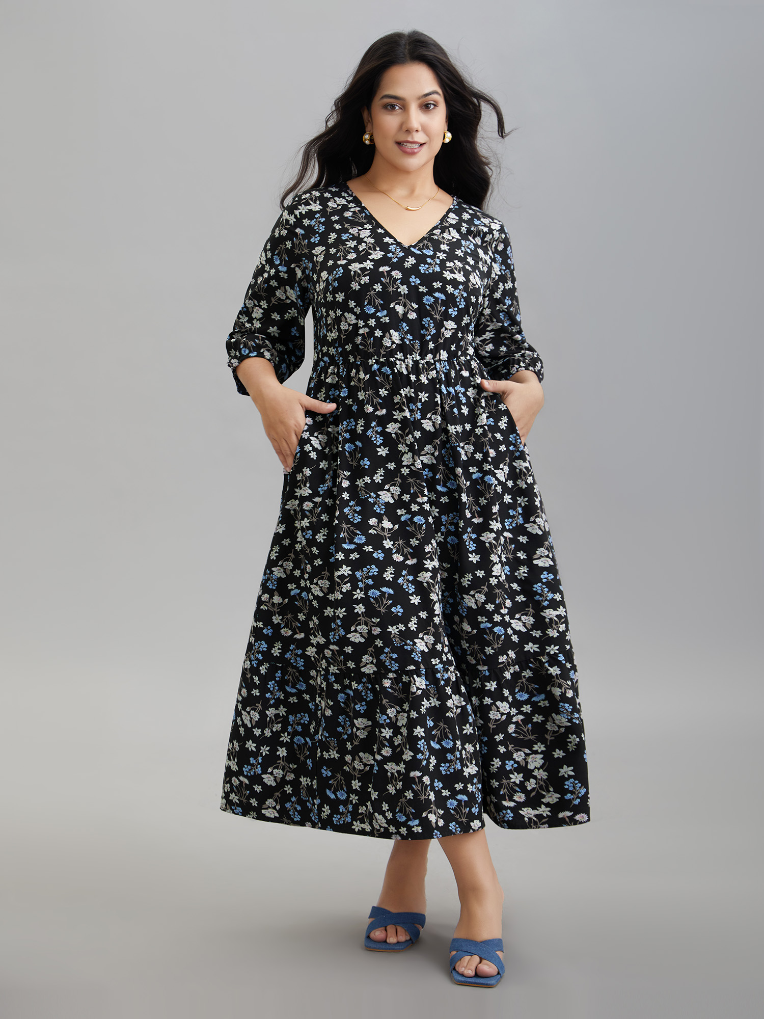 

Plus Size Floral Print Stretchy-Waist Pockets Midi Dress BlackFlower Women Elegant Non V-neck Elbow-length sleeve Curvy BloomChic