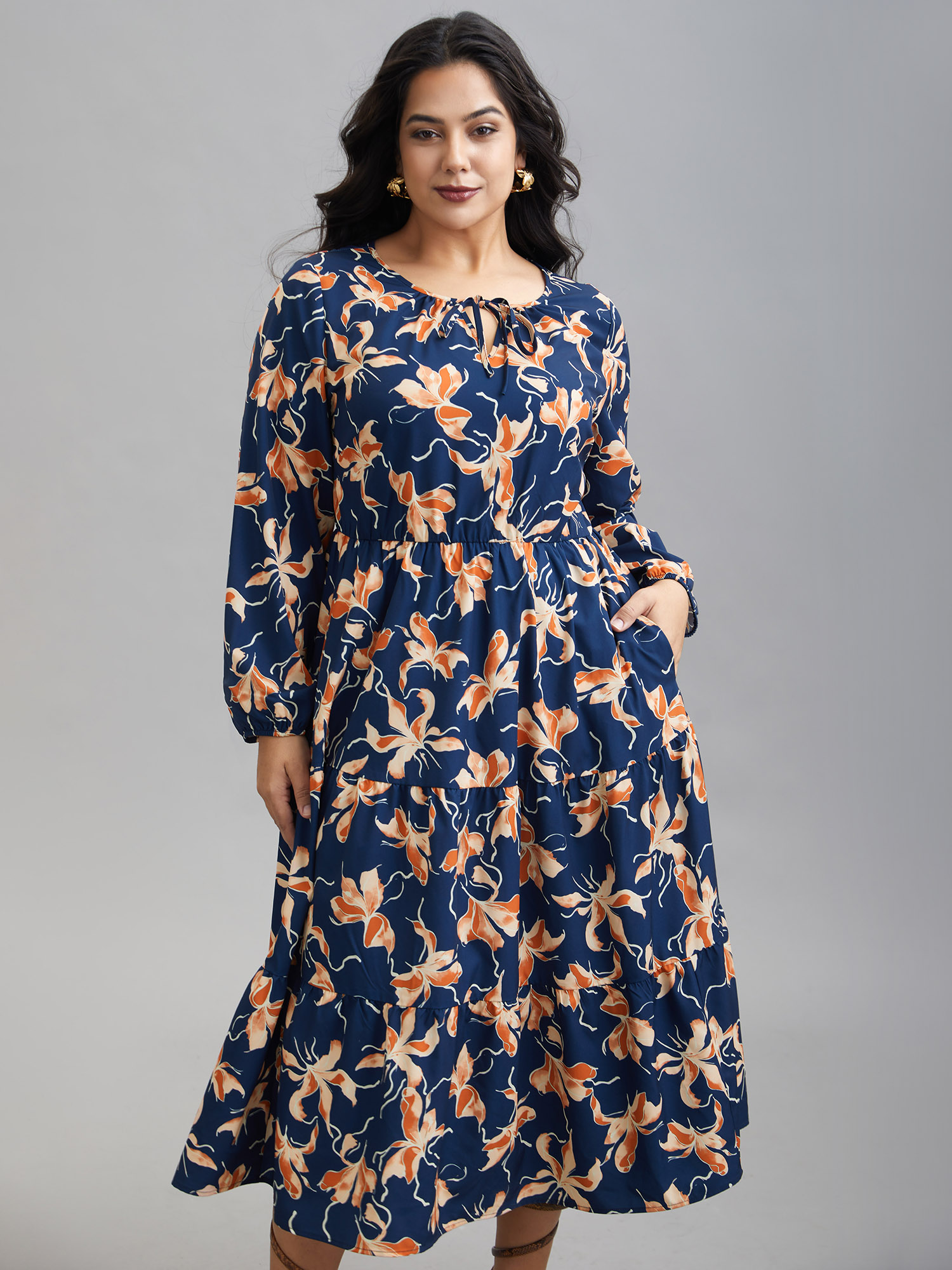 

Plus Size Tropical Flower Print Pockets Waist-Tie Midi Dress Navy Women Elegant Tie knot Round Neck Long Sleeve Curvy BloomChic