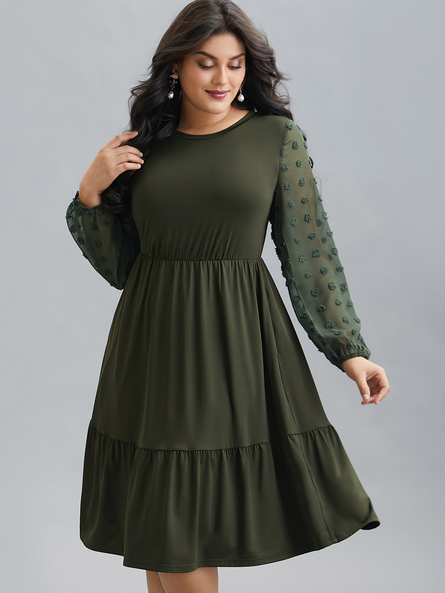 

Plus Size Sheer Chiffon Textured Waist-Defined Midi Dress ArmyGreen Women Elegant Texture Round Neck Extra Long Sleeve Curvy BloomChic