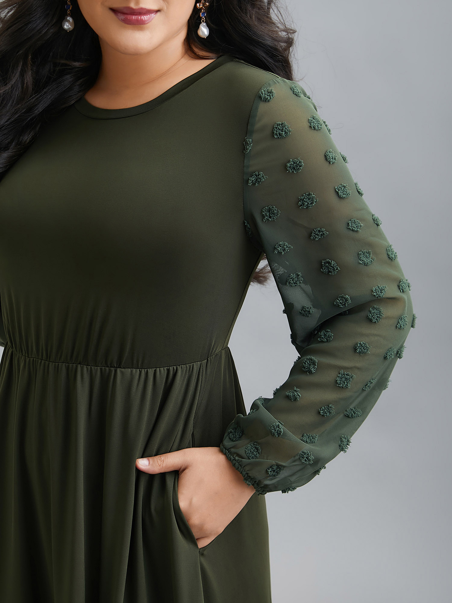 Plus Size Sheer Chiffon Textured Waist-Defined Midi Dress ArmyGreen Women Elegant Texture Round Neck Extra Long Sleeve Curvy BloomChic 26/4X 
