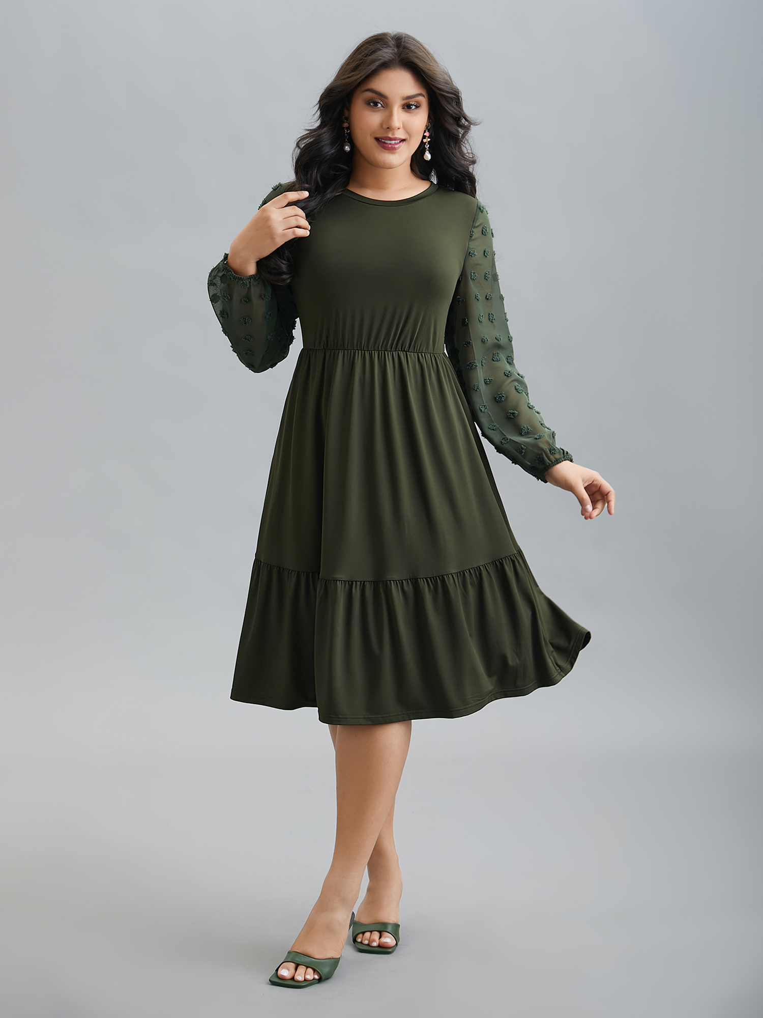 Plus Size Sheer Chiffon Textured Waist-Defined Midi Dress ArmyGreen Women Elegant Texture Round Neck Extra Long Sleeve Curvy BloomChic 26/4X 