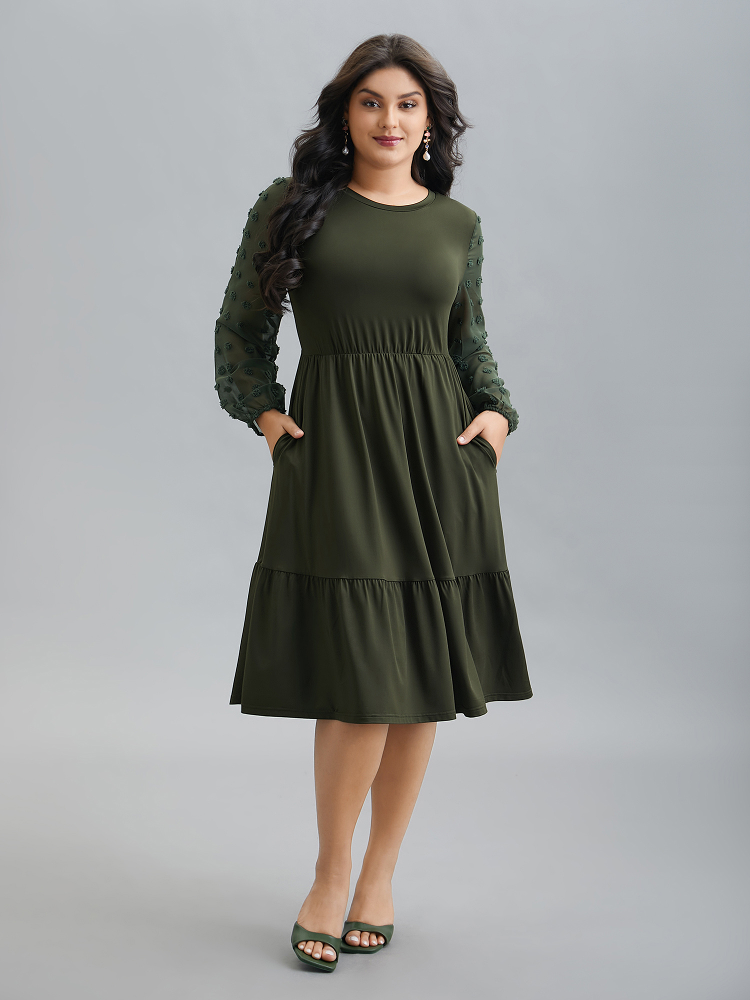 

Plus Size Sheer Chiffon Textured Waist-Defined Midi Dress ArmyGreen Women Elegant Texture Round Neck Extra Long Sleeve Curvy BloomChic