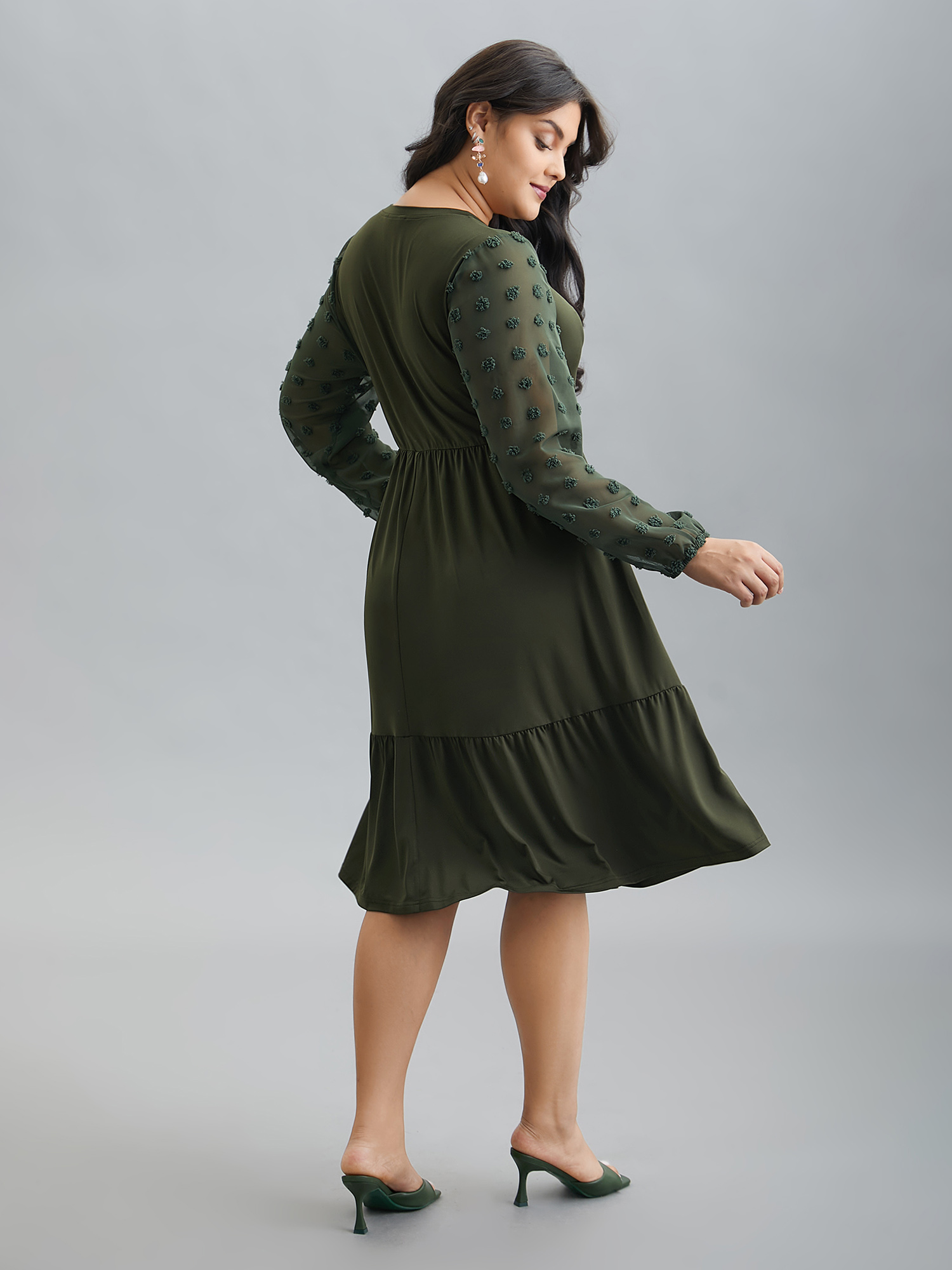 Plus Size Sheer Chiffon Textured Waist-Defined Midi Dress ArmyGreen Women Elegant Texture Round Neck Extra Long Sleeve Curvy BloomChic 26/4X 