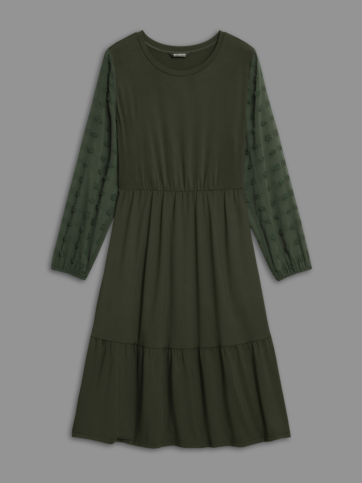 Plus Size Sheer Chiffon Textured Waist-Defined Midi Dress ArmyGreen Women Elegant Texture Round Neck Extra Long Sleeve Curvy BloomChic 26/4X 
