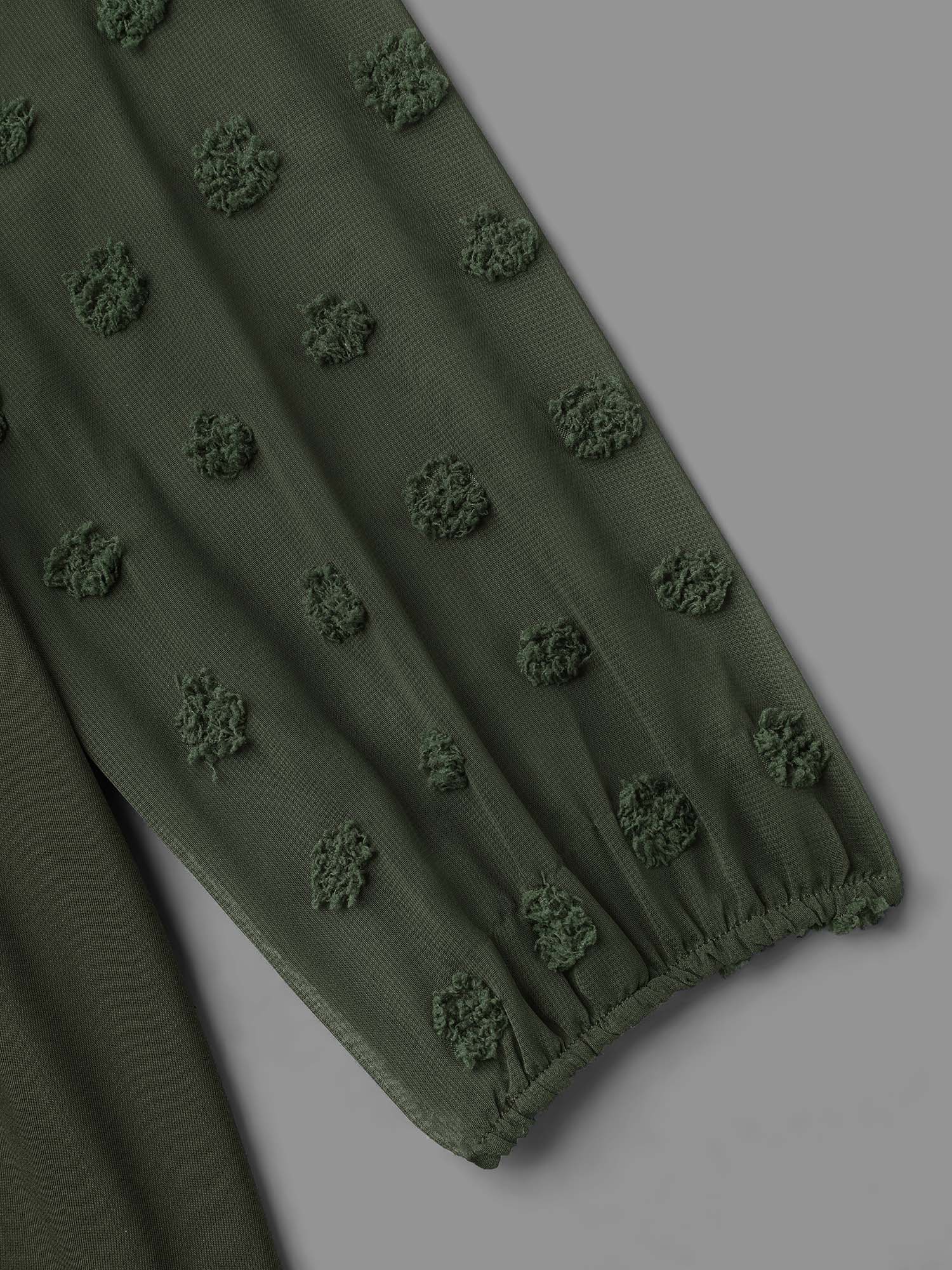 Plus Size Sheer Chiffon Textured Waist-Defined Midi Dress ArmyGreen Women Elegant Texture Round Neck Extra Long Sleeve Curvy BloomChic 26/4X 