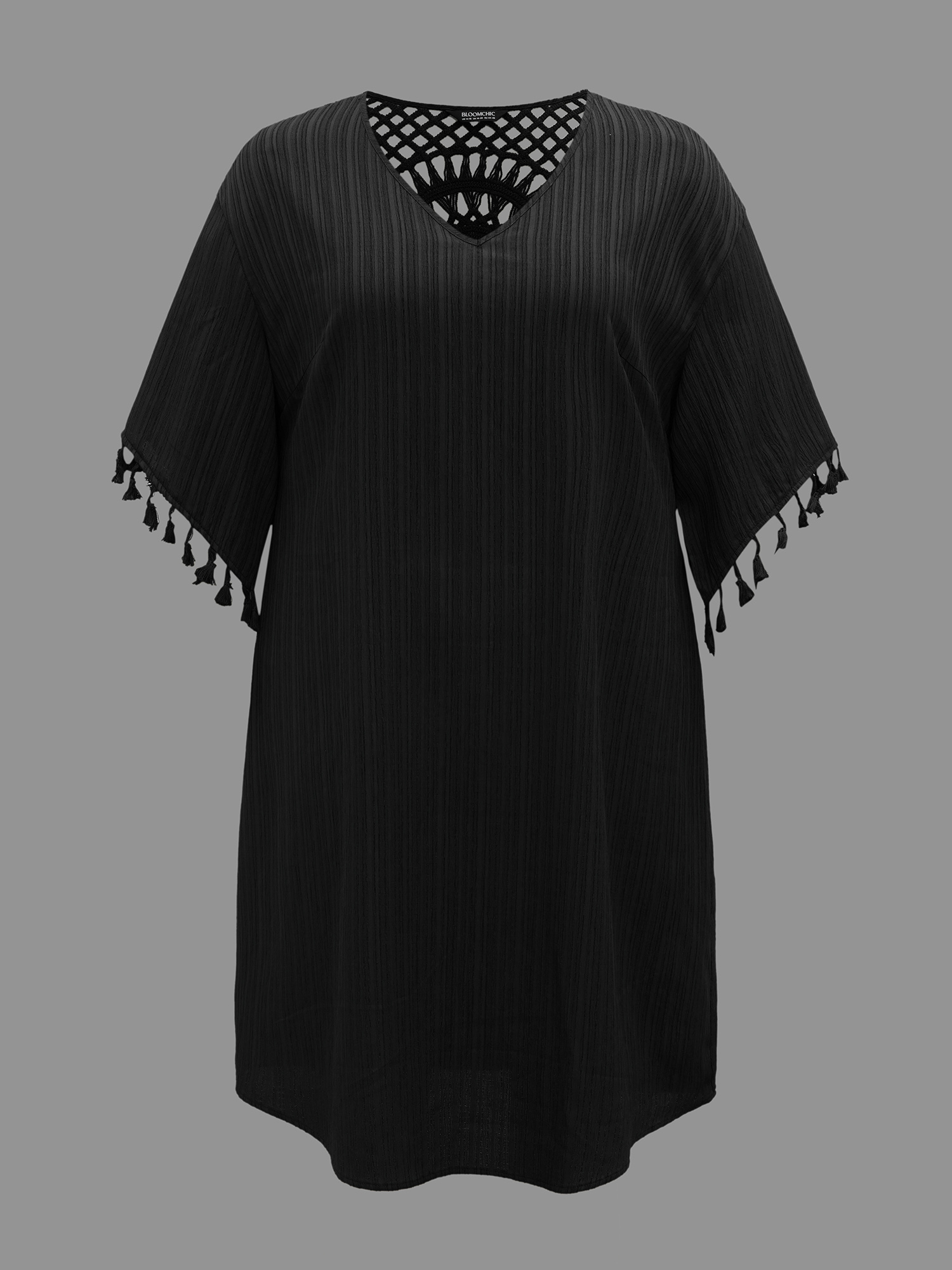 

Plus Size V-Neck Cut-Out Tassels Spliced Midi Dress Black Women Resort Woven ribbon&lace trim V-neck Elbow-length sleeve Curvy BloomChic