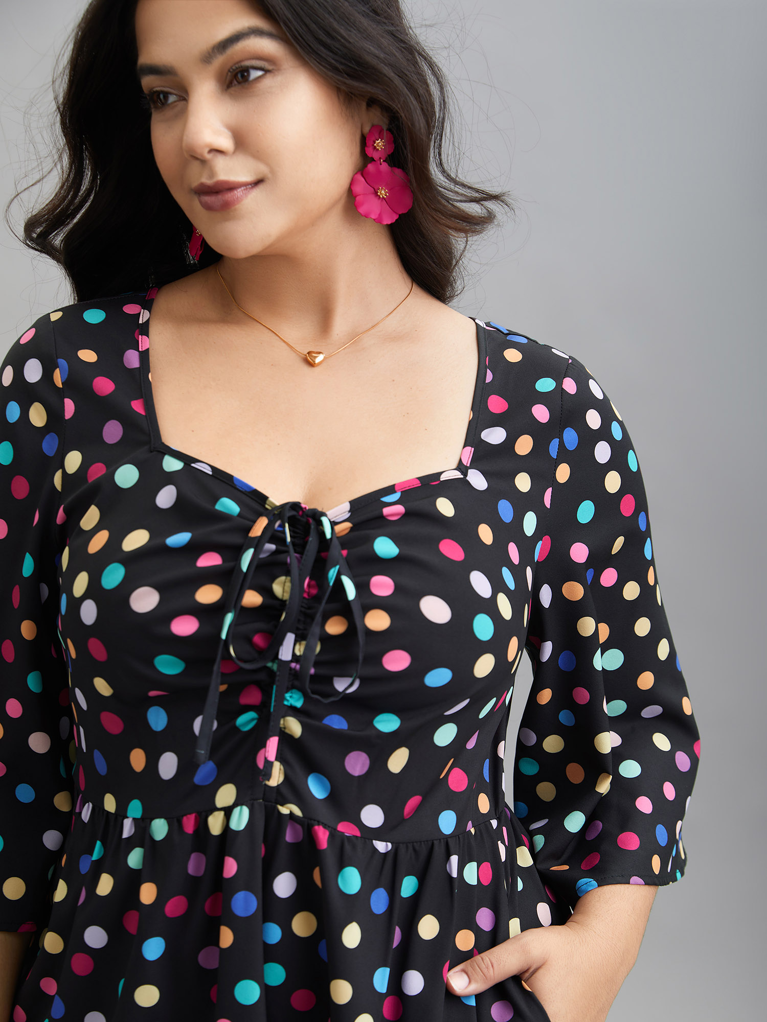 

Plus Size Multi-Color Dots Sweetheart Neckline Midi Dress Multicolor Women Elegant Drawstring Heart neckline Elbow-length sleeve Curvy BloomChic