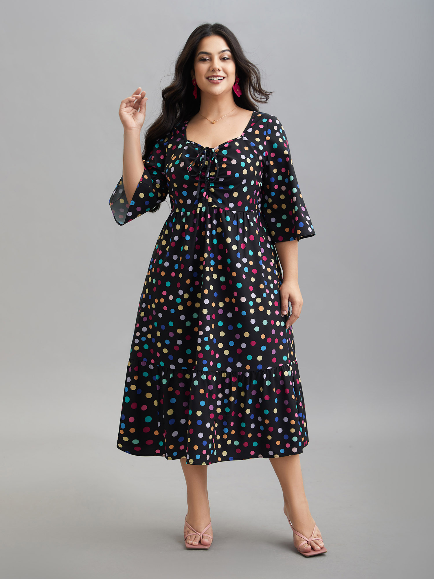 

Plus Size Multi-Color Dots Sweetheart Neckline Midi Dress Multicolor Women Elegant Drawstring Heart neckline Elbow-length sleeve Curvy BloomChic