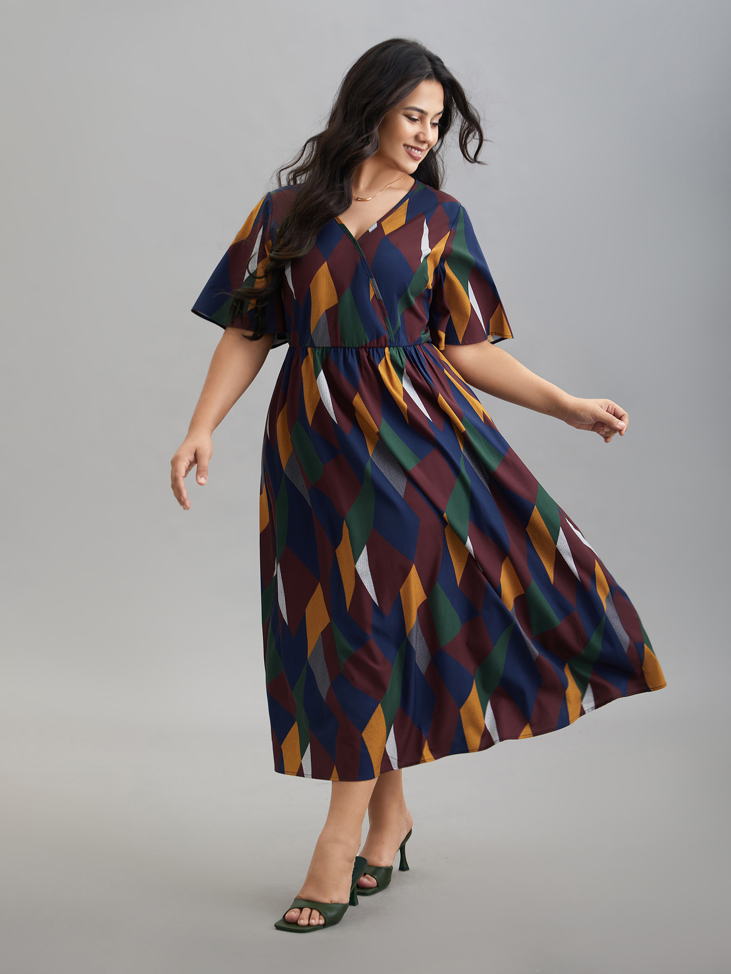 

Plus Size Geometric Print Fit and Flare Midi Dress Multicolor Women Elegant Non Overlap Collar Half Sleeve Curvy BloomChic