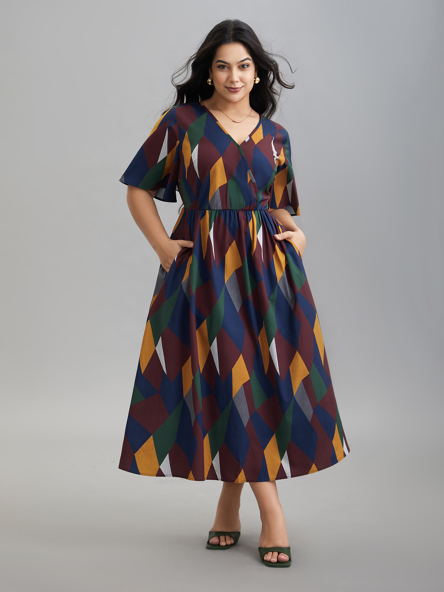 Plus Size Geometric Print Fit and Flare Midi Dress Multicolor Women Elegant Non Overlap Collar Half Sleeve Curvy BloomChic 30/6X 