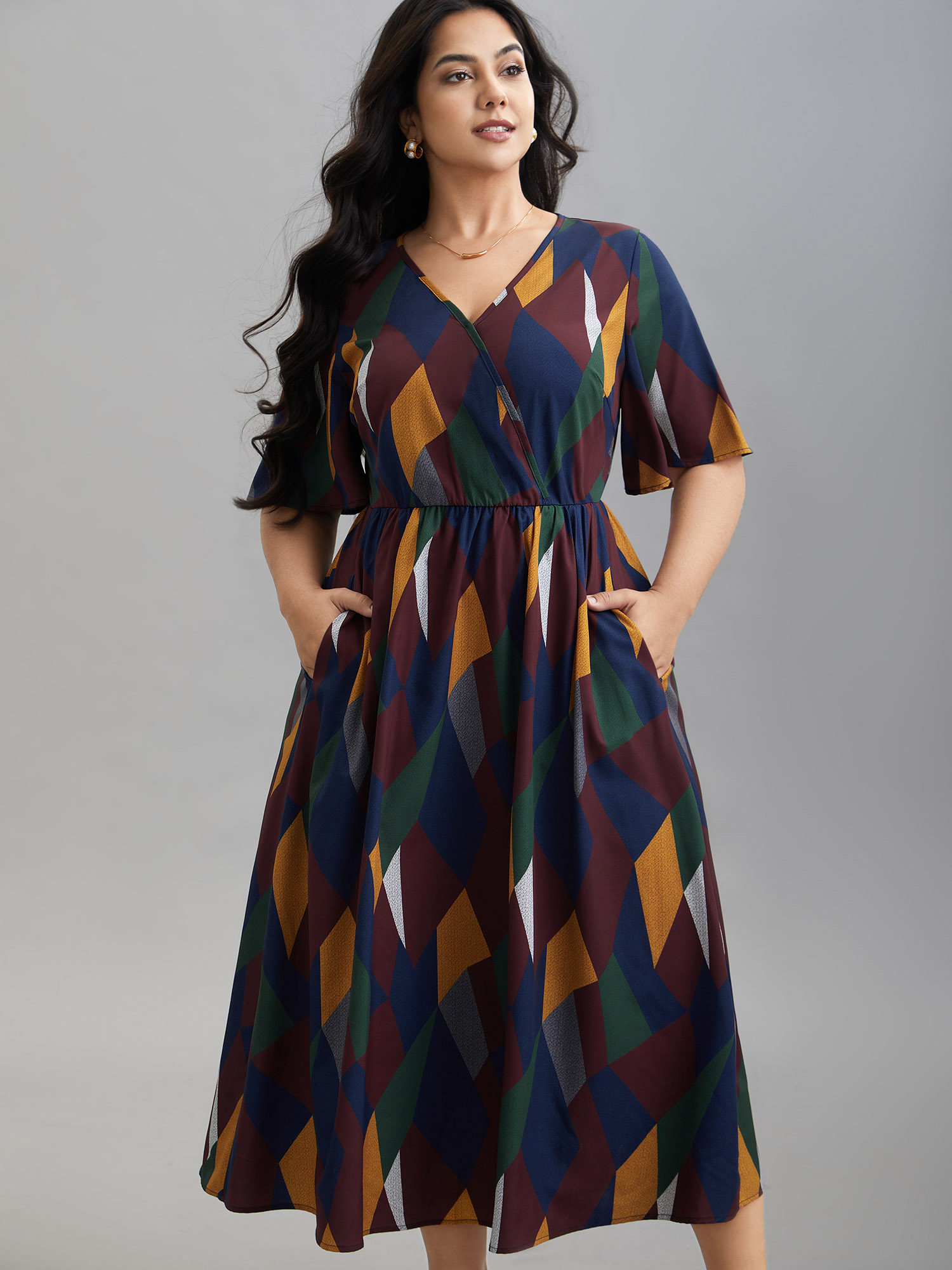 Plus Size Geometric Print Fit and Flare Midi Dress Multicolor Women Elegant Non Overlap Collar Half Sleeve Curvy BloomChic 30/6X 