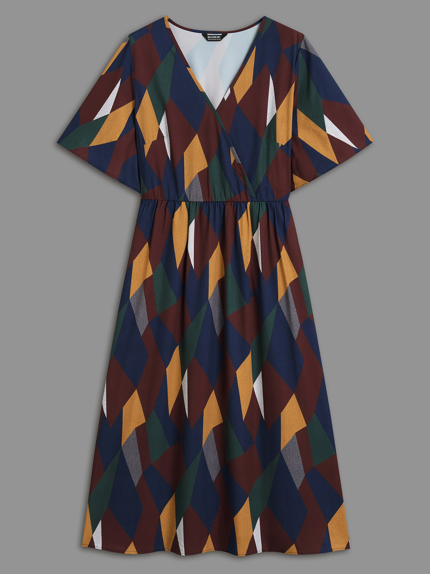 Plus Size Geometric Print Fit and Flare Midi Dress Multicolor Women Elegant Non Overlap Collar Half Sleeve Curvy BloomChic 30/6X 