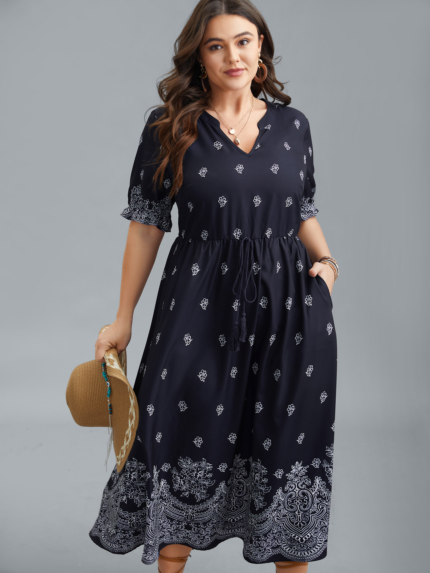 

Plus Size Floral Waist-Tie Notched Collar Midi Dress Indigo Women Resort Ruffles Notched collar Half Sleeve Curvy BloomChic