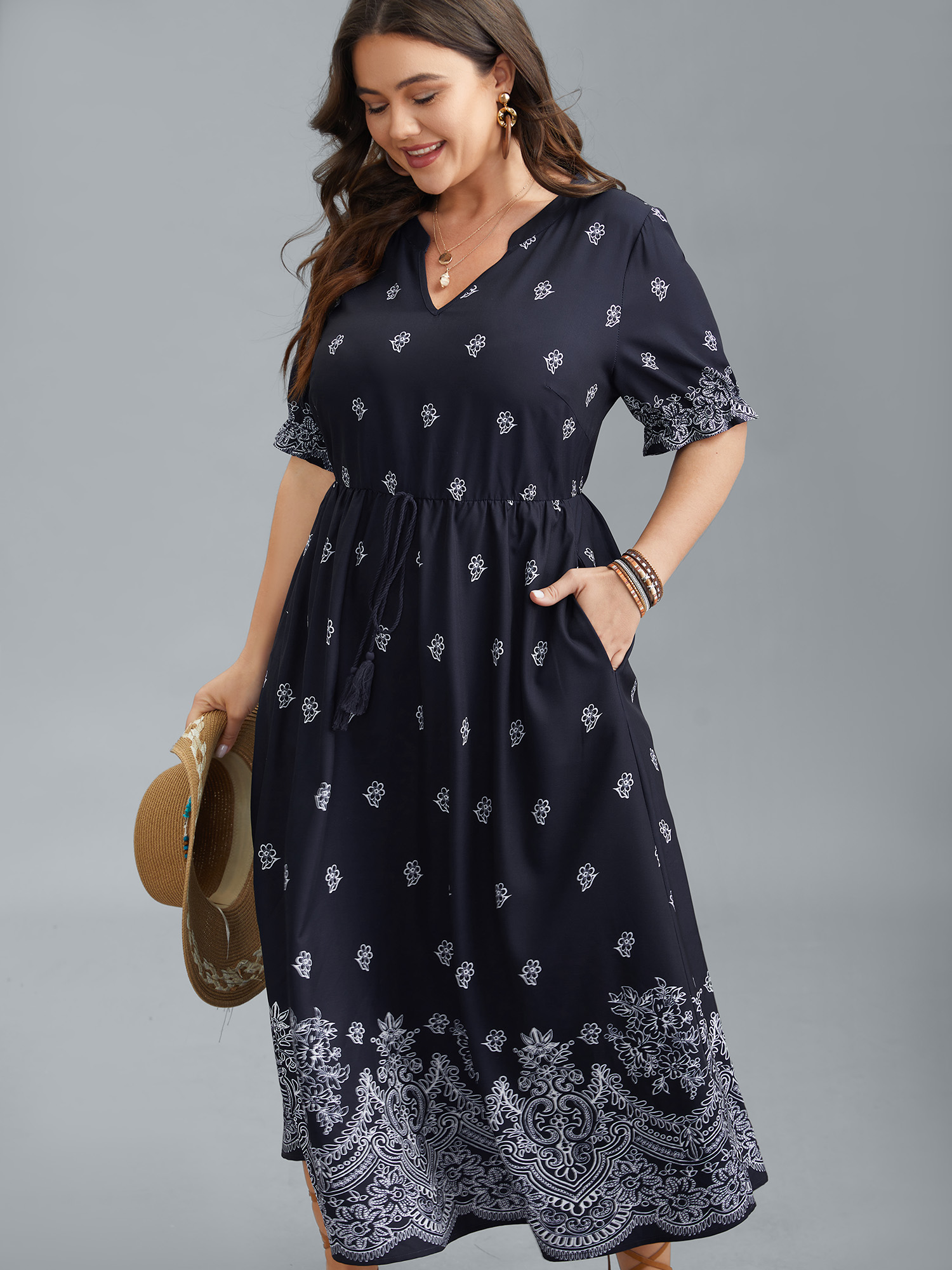 Plus Size Floral Waist-Tie Notched Collar Midi Dress Indigo Women Resort Ruffles Notched collar Half Sleeve Curvy BloomChic 28/5X 