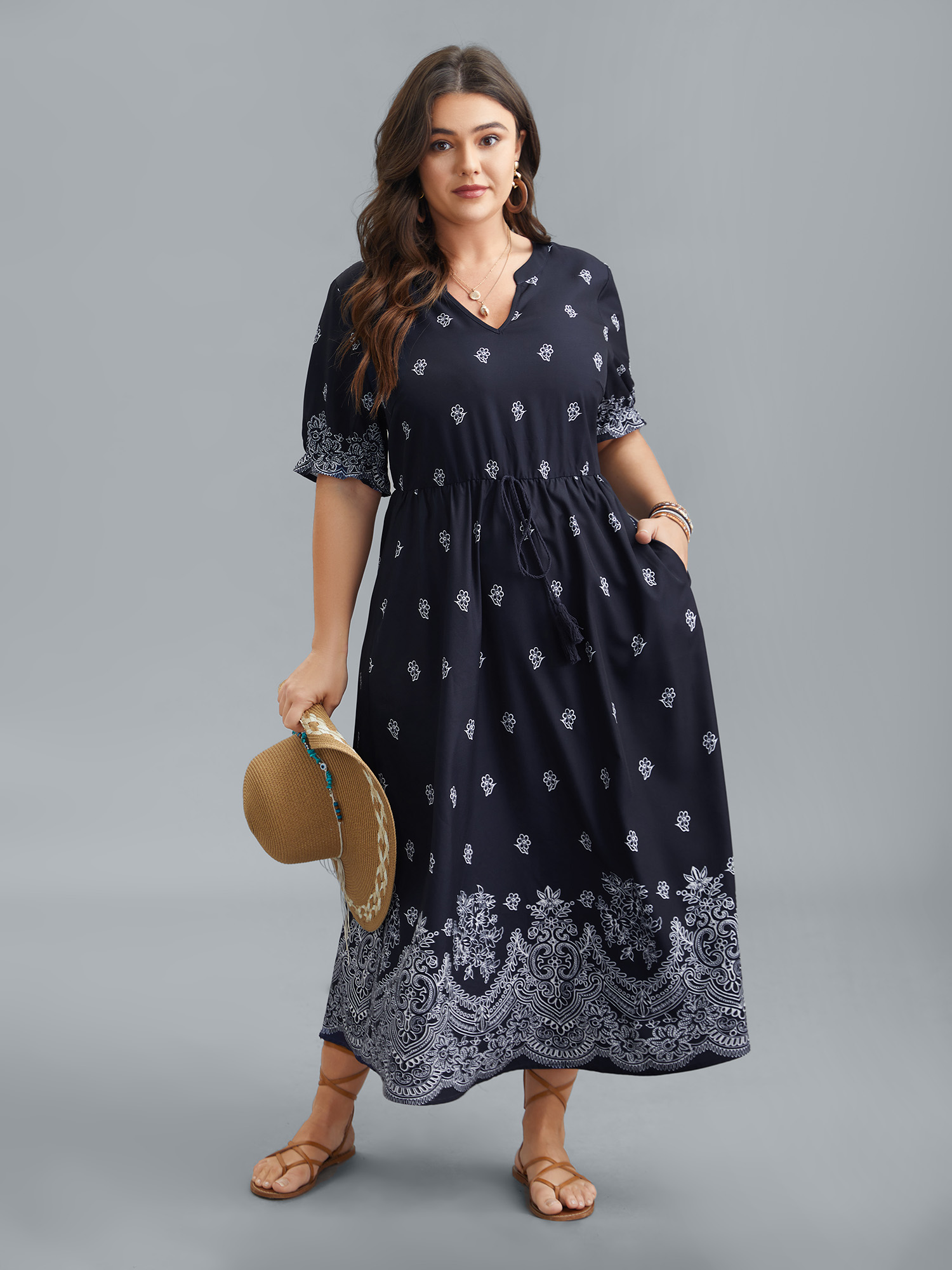 Plus Size Floral Waist-Tie Notched Collar Midi Dress Indigo Women Resort Ruffles Notched collar Half Sleeve Curvy BloomChic 28/5X 