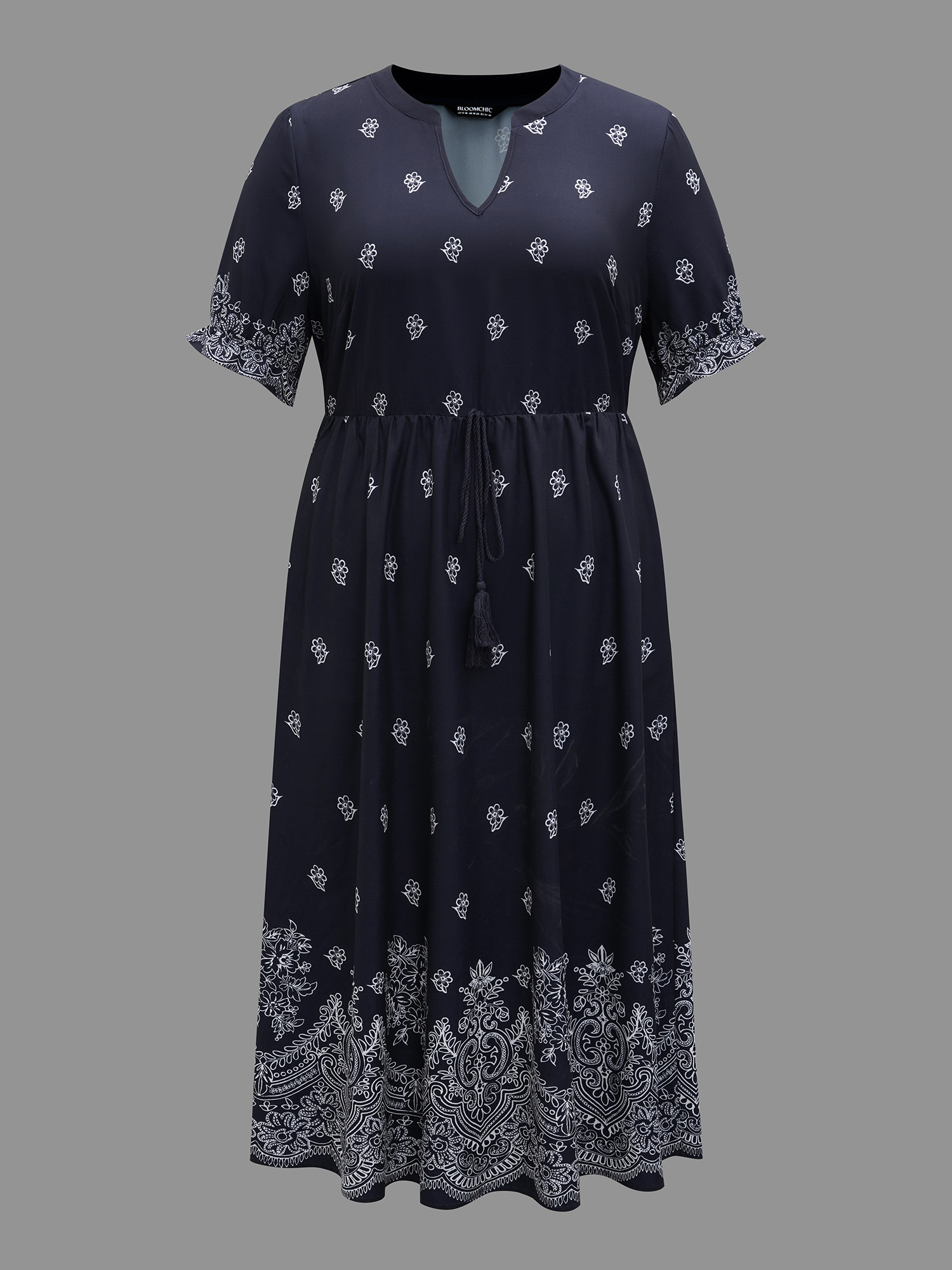 Plus Size Floral Waist-Tie Notched Collar Midi Dress Indigo Women Resort Ruffles Notched collar Half Sleeve Curvy BloomChic 28/5X 
