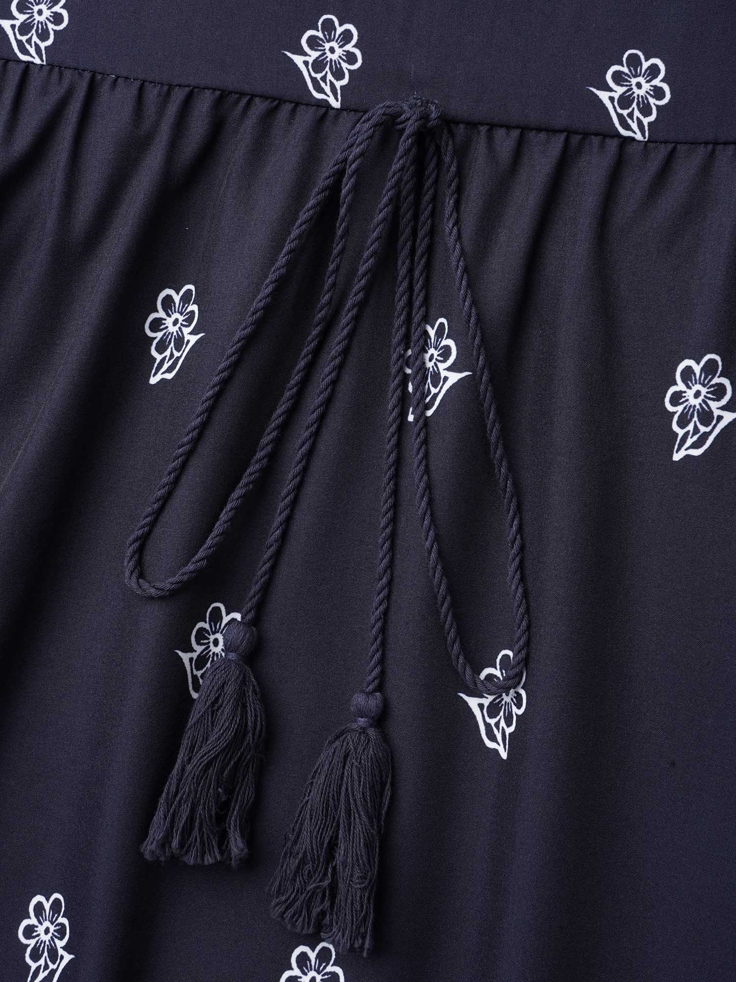 Plus Size Floral Waist-Tie Notched Collar Midi Dress Indigo Women Resort Ruffles Notched collar Half Sleeve Curvy BloomChic 28/5X 