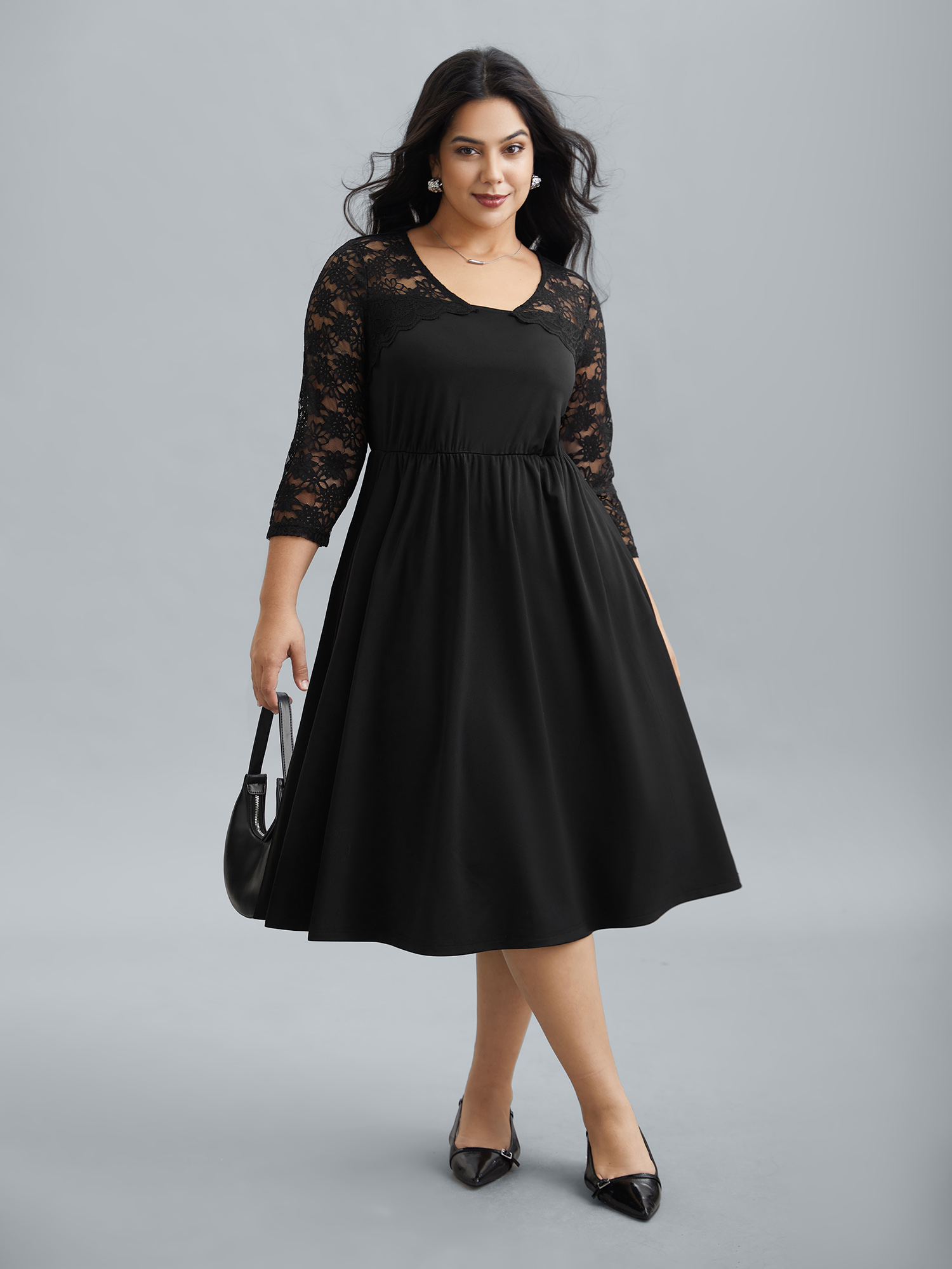 

Plus Size Sheer Lace Sleeve Fit and Flare Midi Dress Black Women At the Office Woven ribbon&lace trim Asymmetrical Neck Elbow-length sleeve Curvy BloomChic