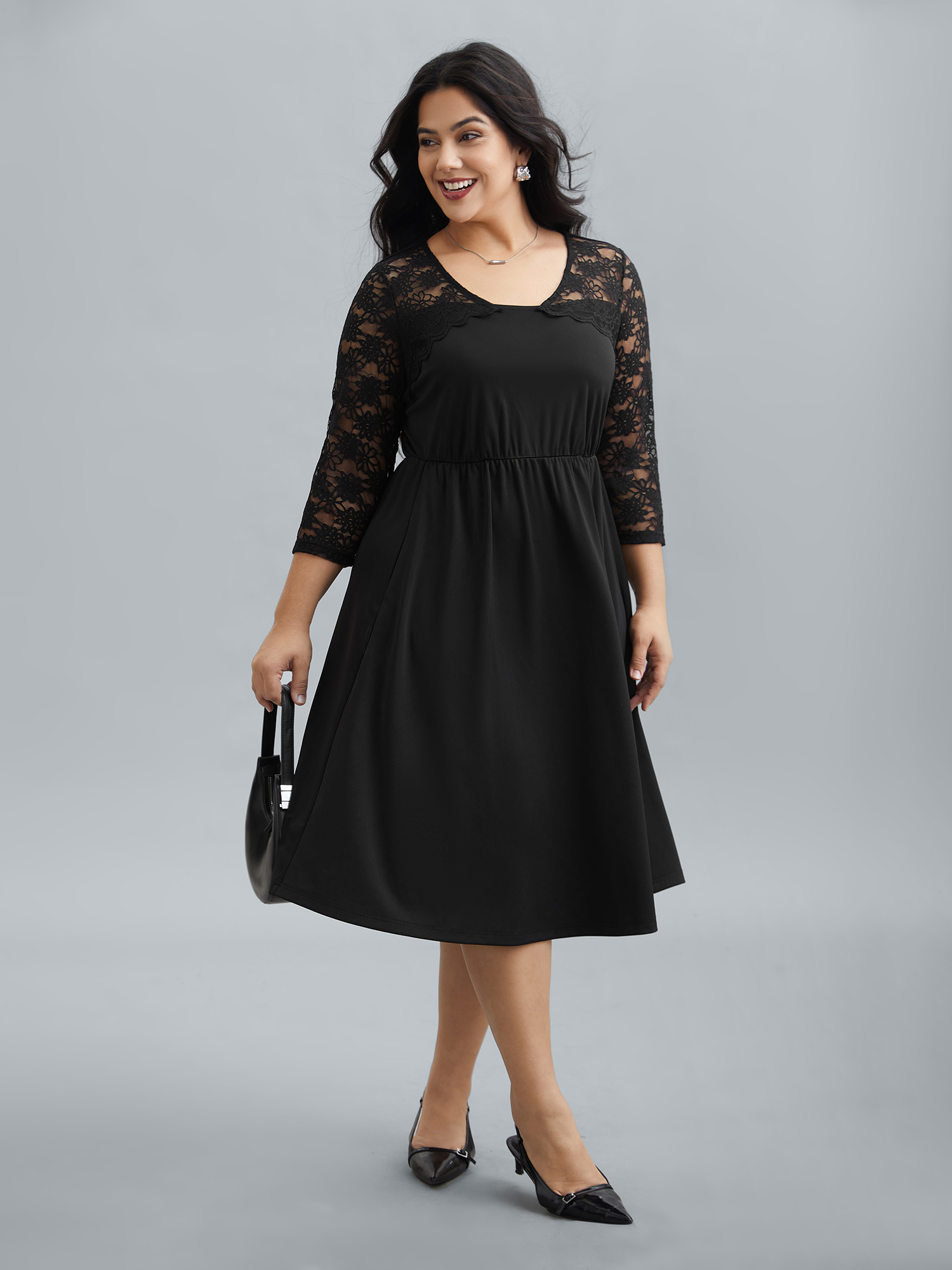 

Plus Size Sheer Lace Sleeve Fit and Flare Midi Dress Black Women At the Office Woven ribbon&lace trim Asymmetrical Neck Elbow-length sleeve Curvy BloomChic