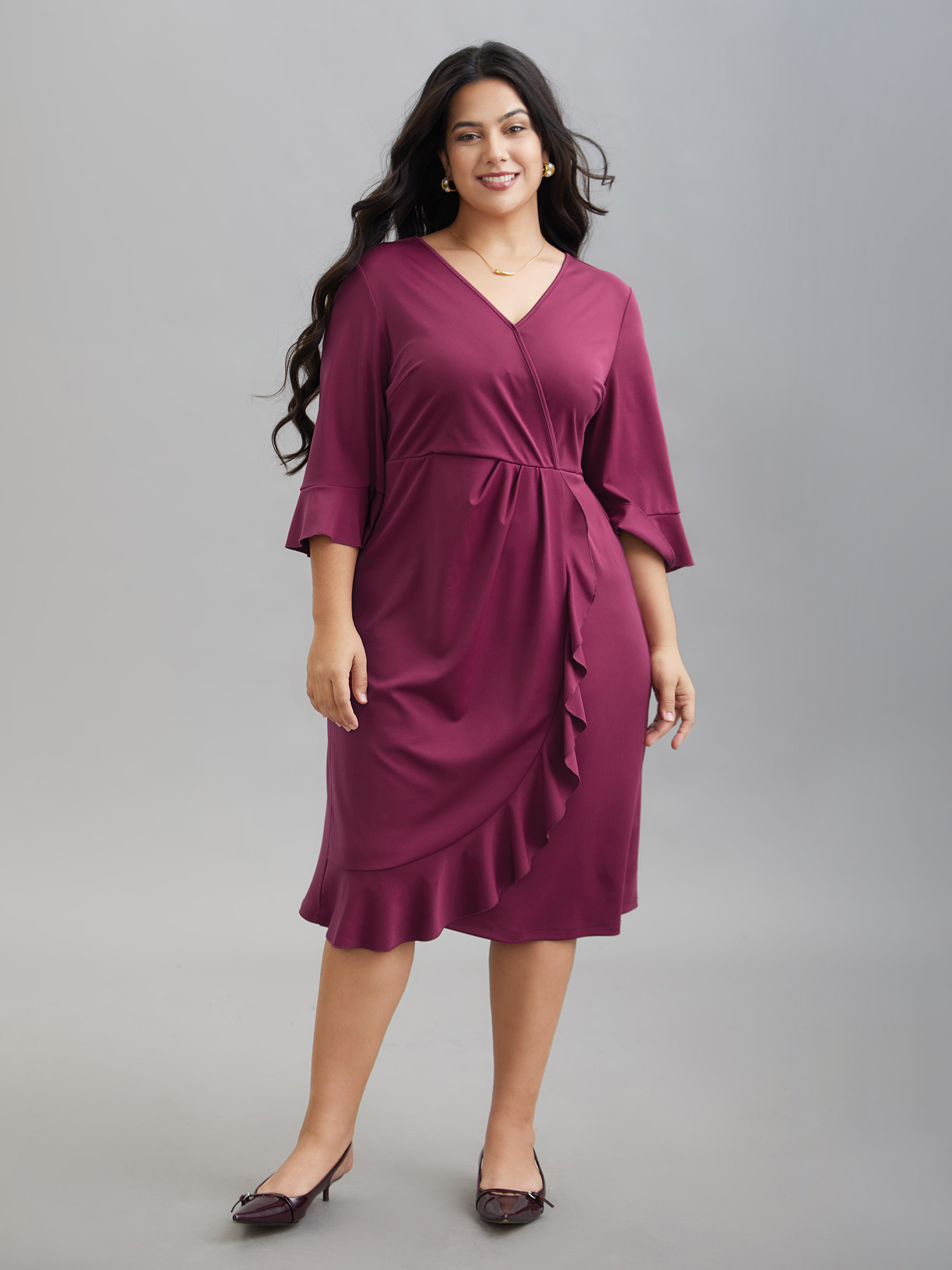 

Plus Size Flared V-Neck Fake Wrap Midi Dress Deeppurplered Women Elegant Overlapping Knit Dresses Bloomchic