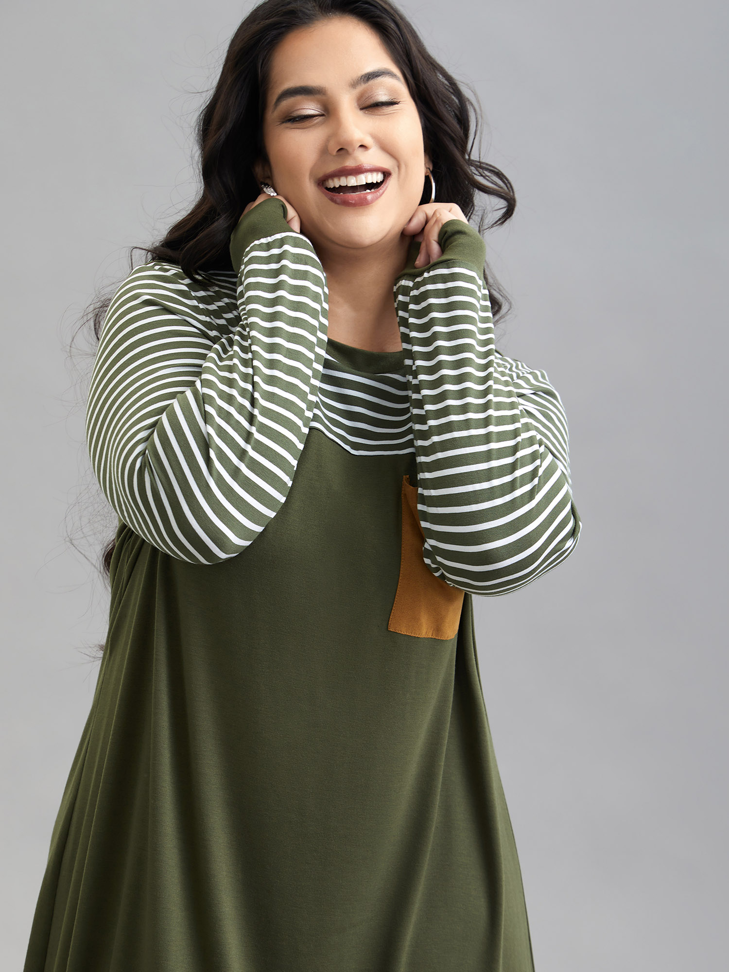 

Plus Size Solid and Striped Flared Midi Dress ArmyGreen Women Casual Patchwork Knit Dresses Bloomchic