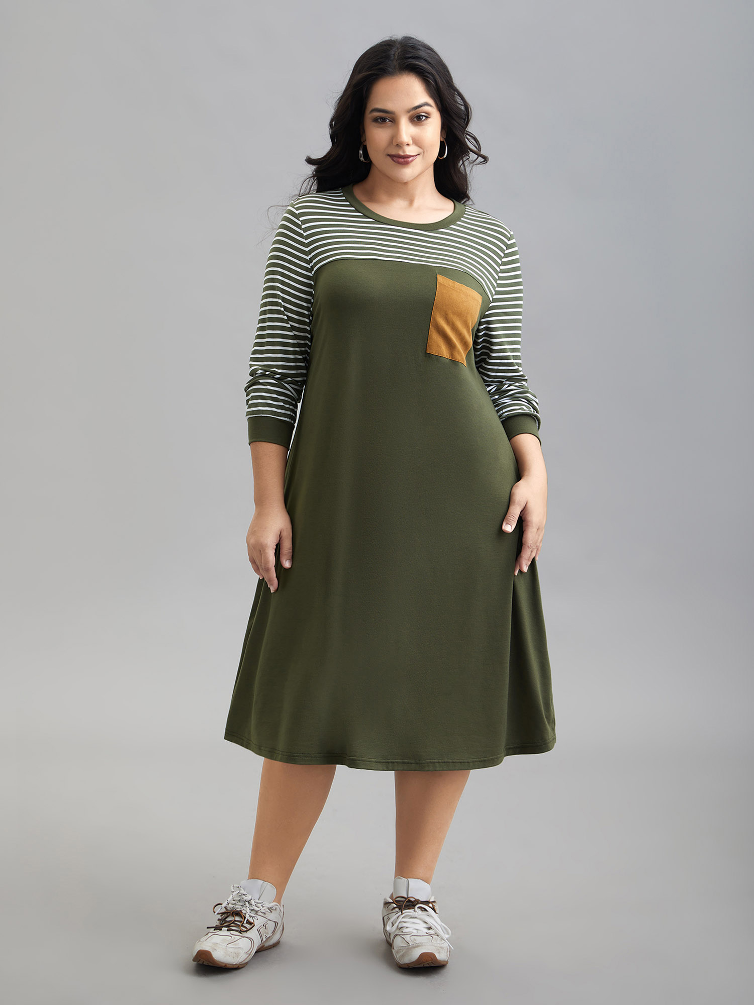 

Plus Size Solid and Striped Flared Midi Dress ArmyGreen Women Casual Patchwork Knit Dresses Bloomchic