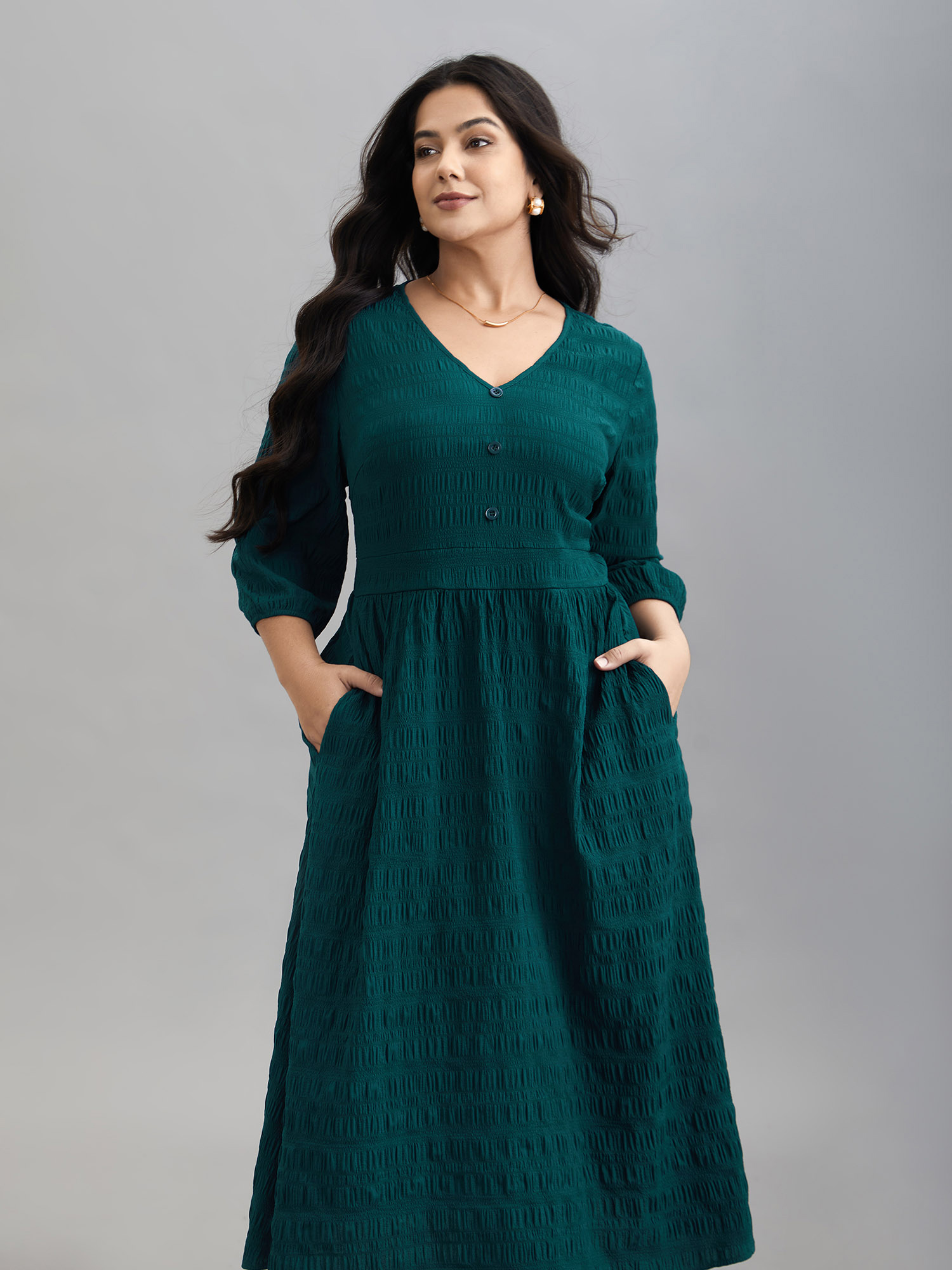 

Plus Size Textured Waist-Defined Button Midi Dress Emerald Women Elegant Texture V-neck Elbow-length sleeve Curvy BloomChic