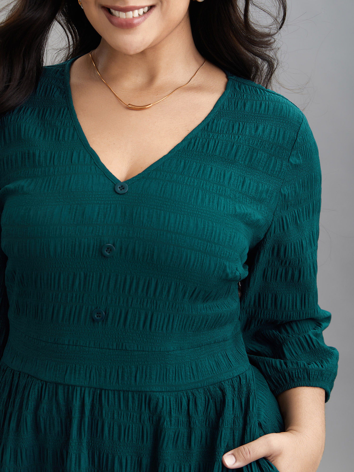 Plus Size Textured Waist-Defined Button Midi Dress Emerald Women Elegant Texture V-neck Elbow-length sleeve Curvy BloomChic 10/M 