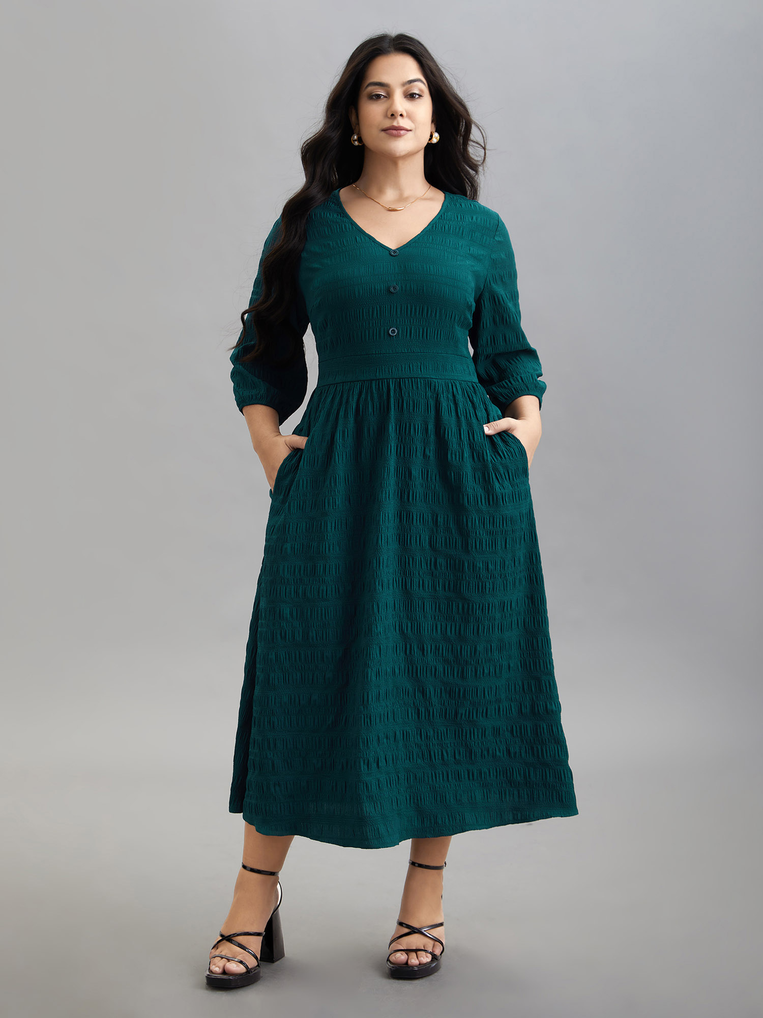 Plus Size Textured Waist-Defined Button Midi Dress Emerald Women Elegant Texture V-neck Elbow-length sleeve Curvy BloomChic 10/M 